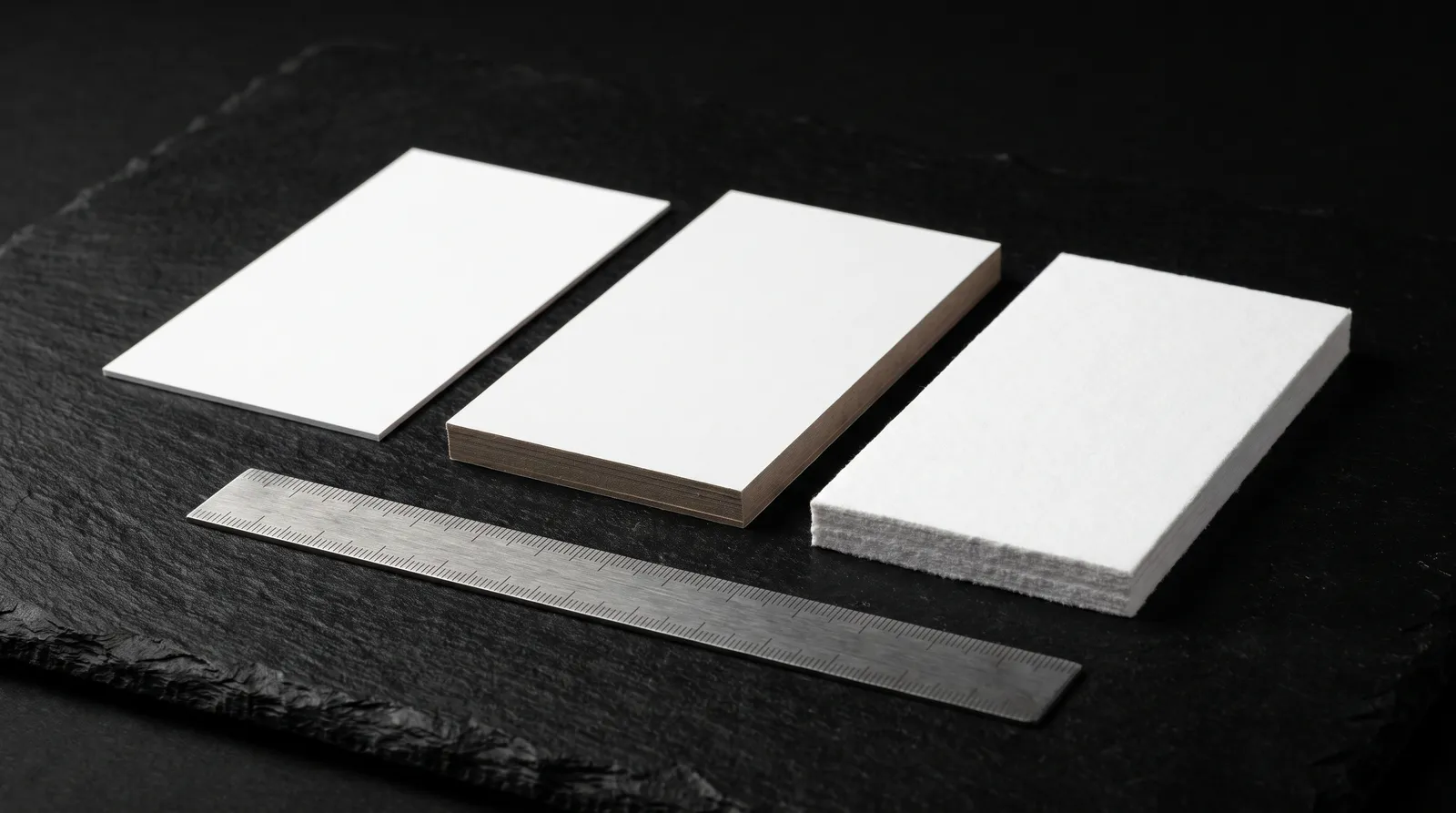 Three business cards edge-on beside a steel ruler: 14pt, 32pt and 48pt thickness compared
