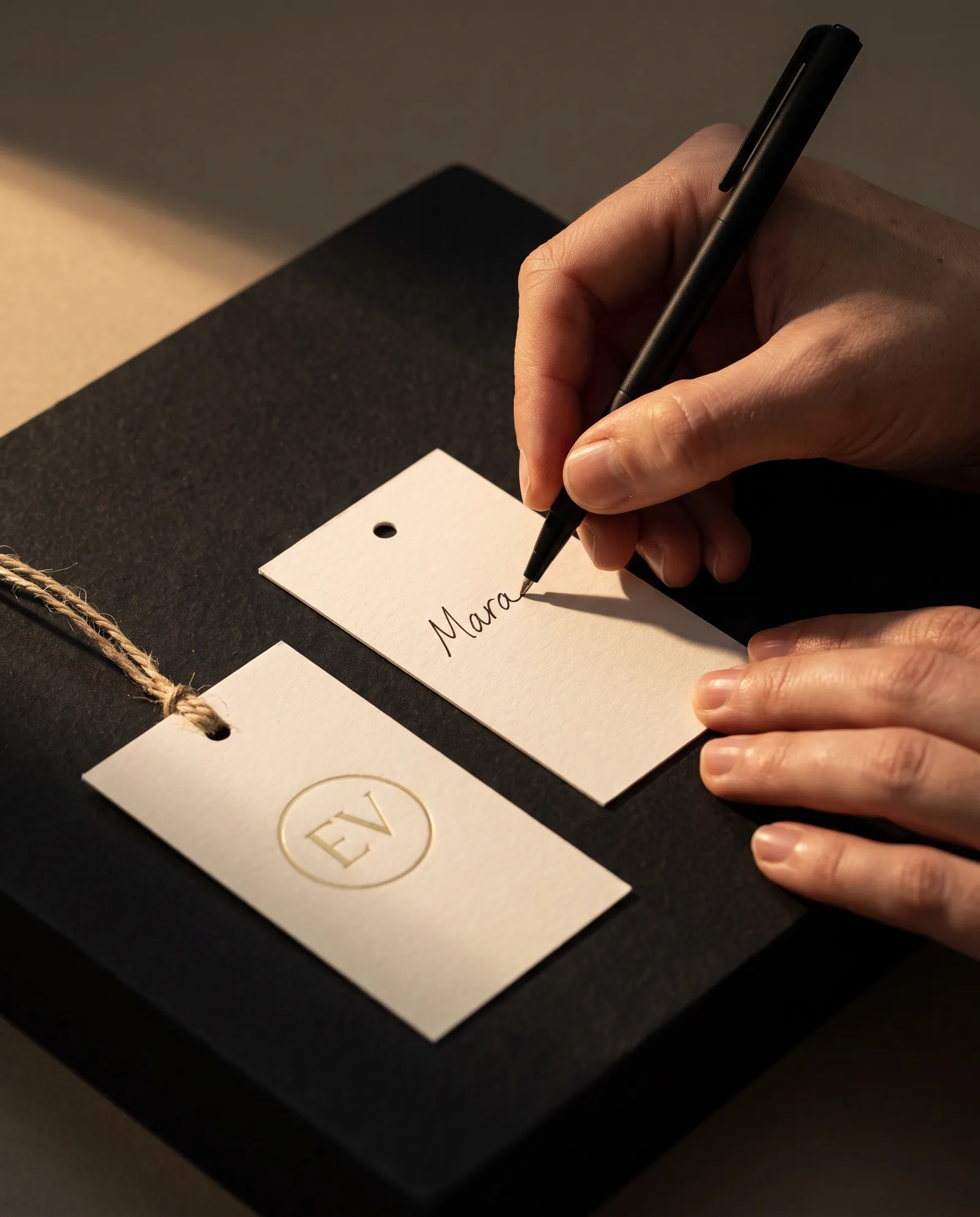 Hand writing a name with a black pen on the blank back of a cream cotton tag, a gold foil tag turned face up beside it.