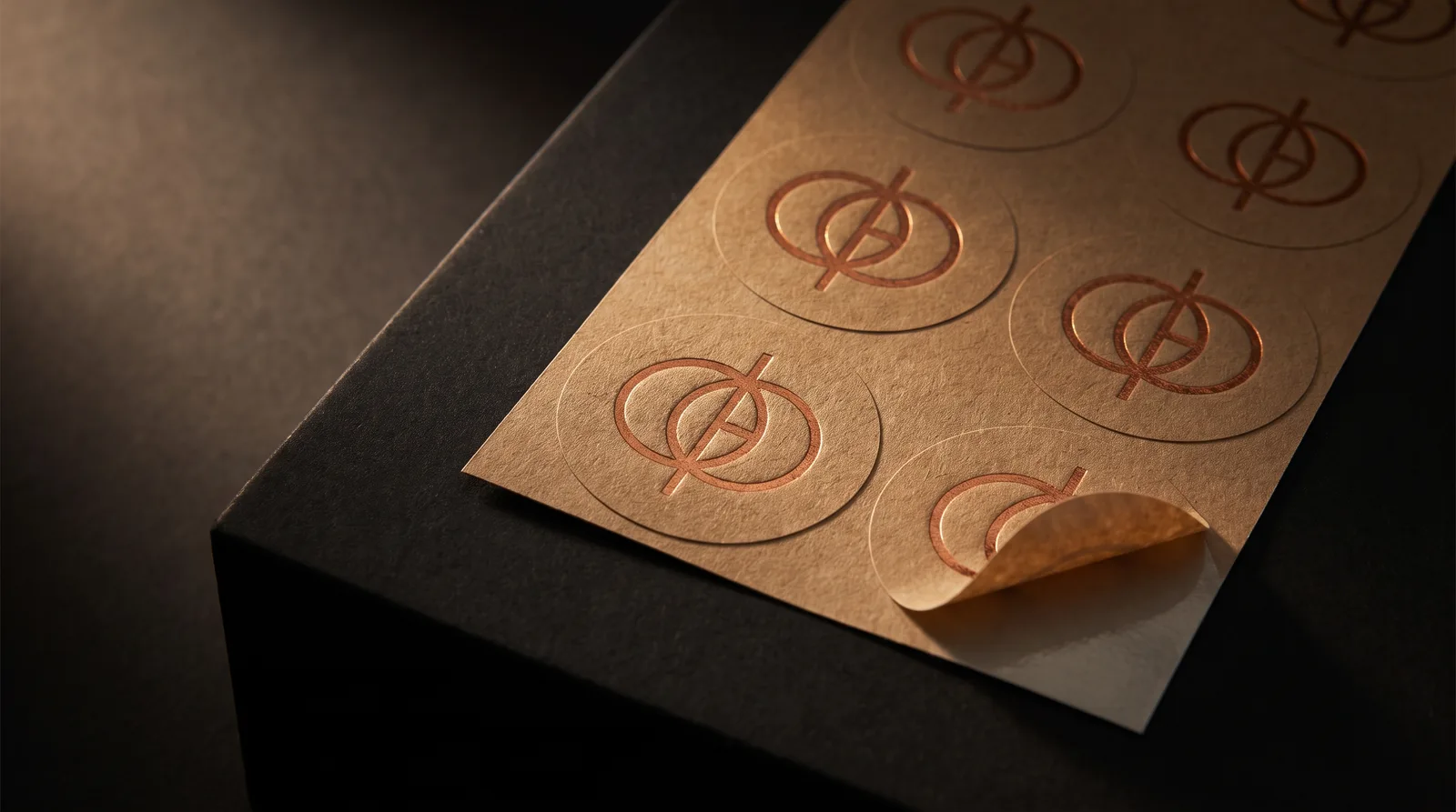 Sheet of round kraft stickers with an embossed copper foil monogram on black stone, one sticker peeled up at an angle.