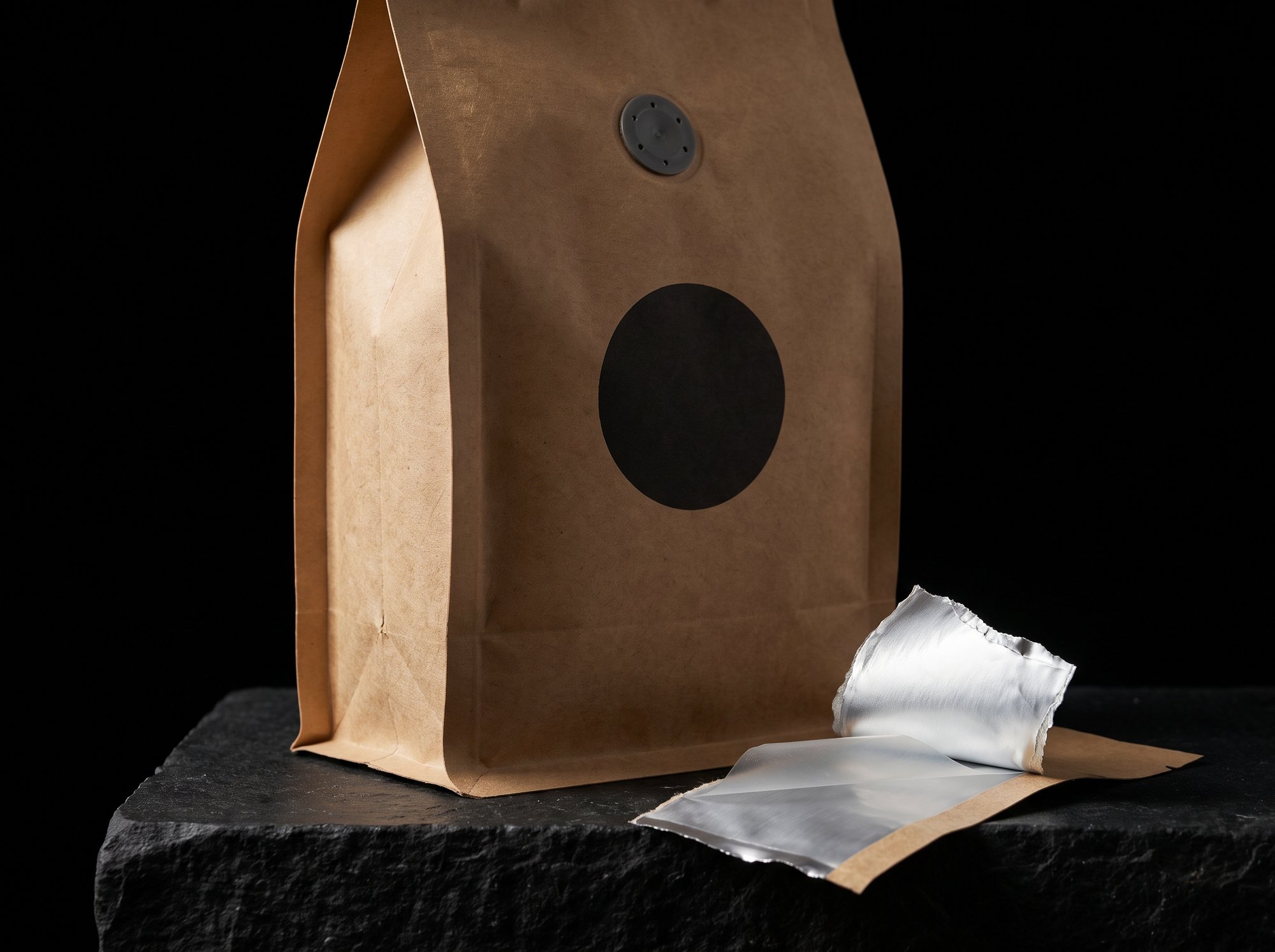 A kraft paper coffee pouch with a degassing valve and a black circle print, beside a torn piece showing its silver foil liner.