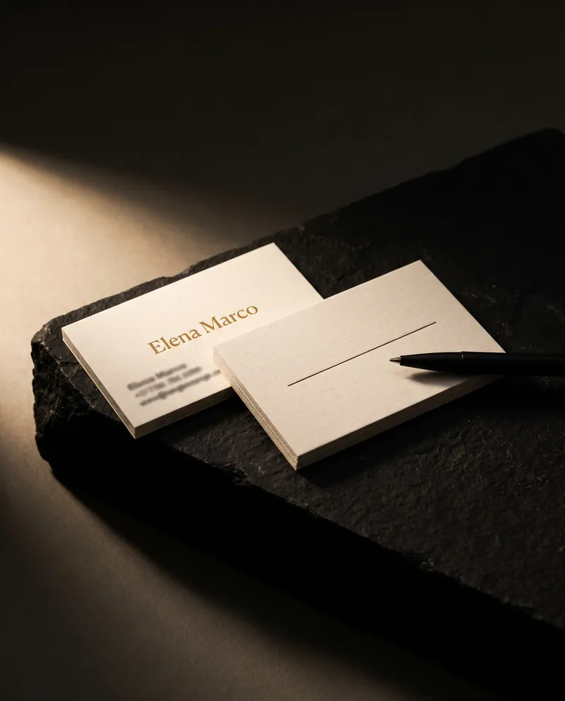 Front and back of thick ivory cotton notary cards, gold foil name and printed write-on line