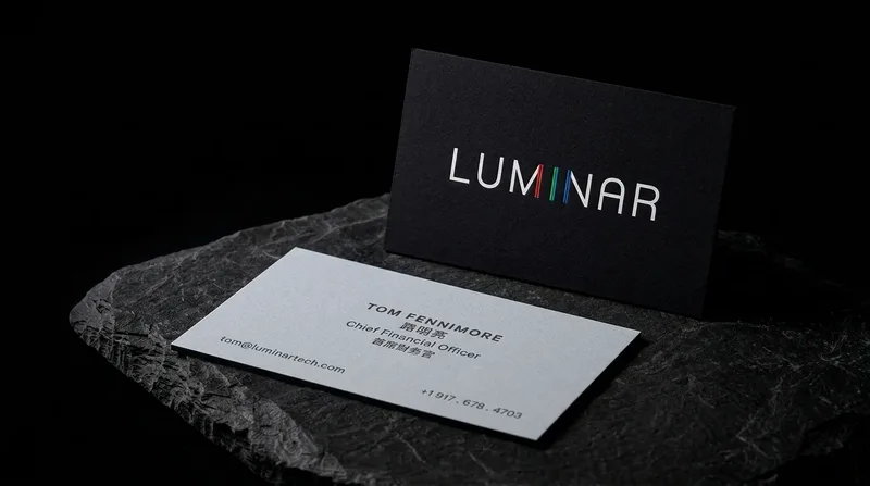 Black business card with a white foil wordmark and one letter in red, green and blue foil stripes