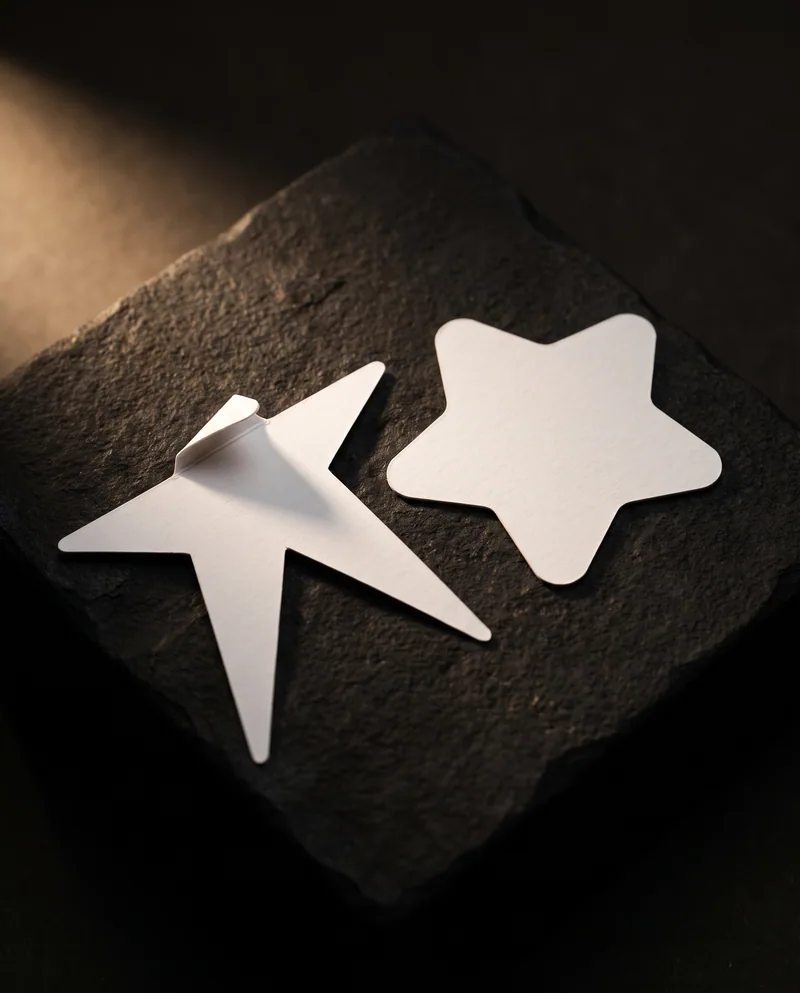 White star die cut business card with creased thin point beside rounded star lying flat