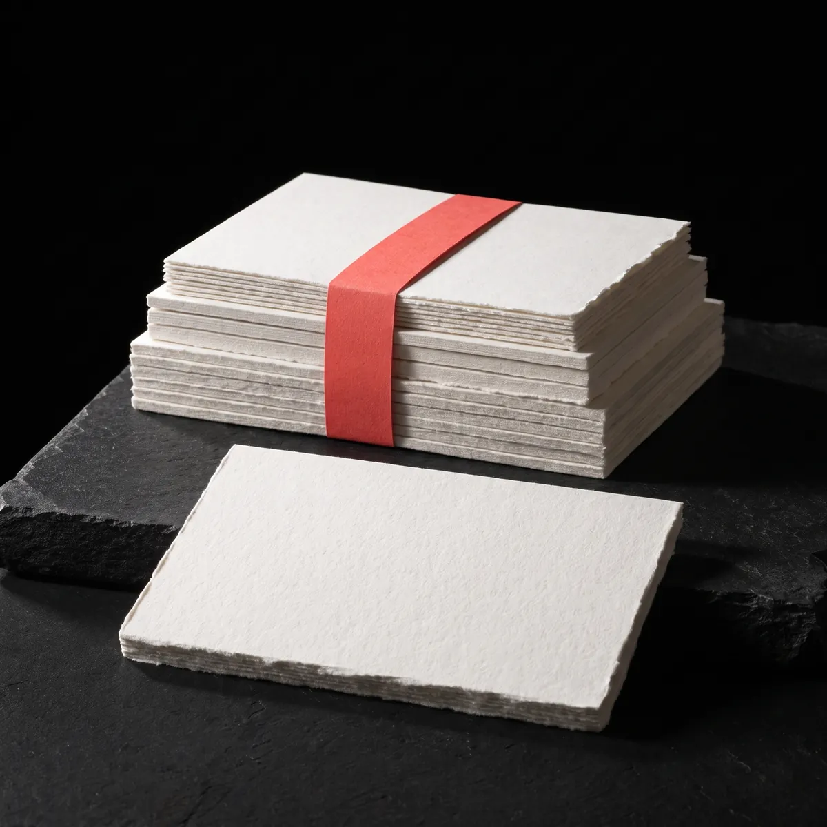 Peppermint Cotton house stock: a bundle of deckle-edged cotton sheets and cards in three thicknesses, held by a coral paper band