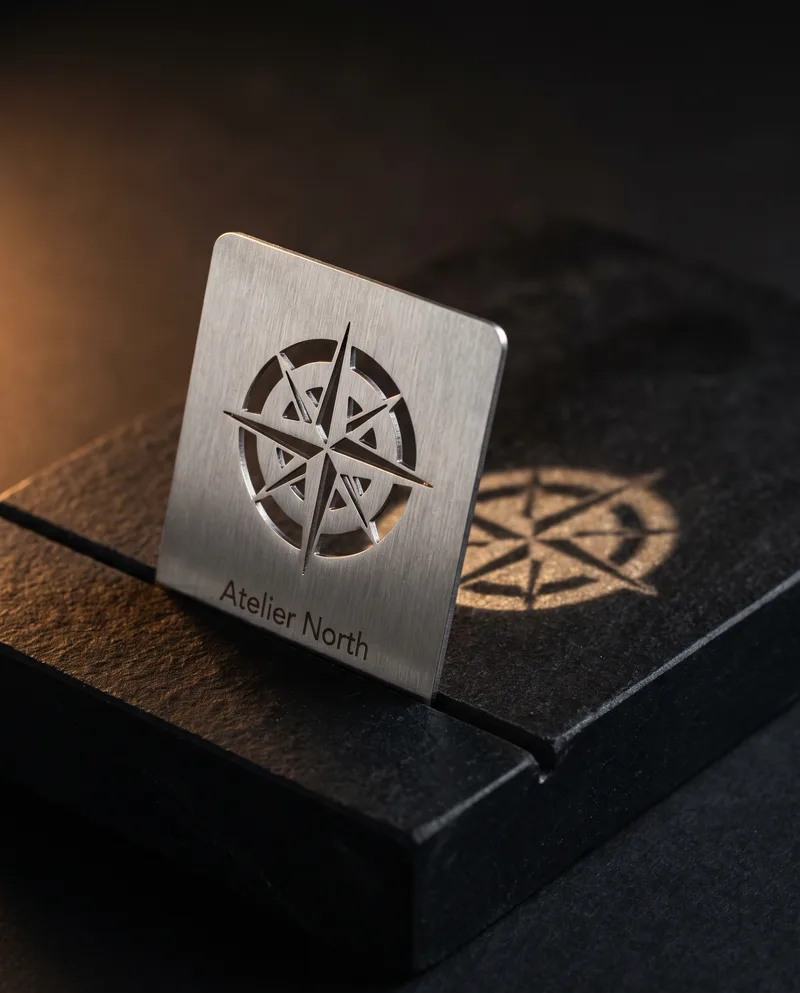 Brushed stainless steel business card with laser-cut compass rose and engraved name on stone