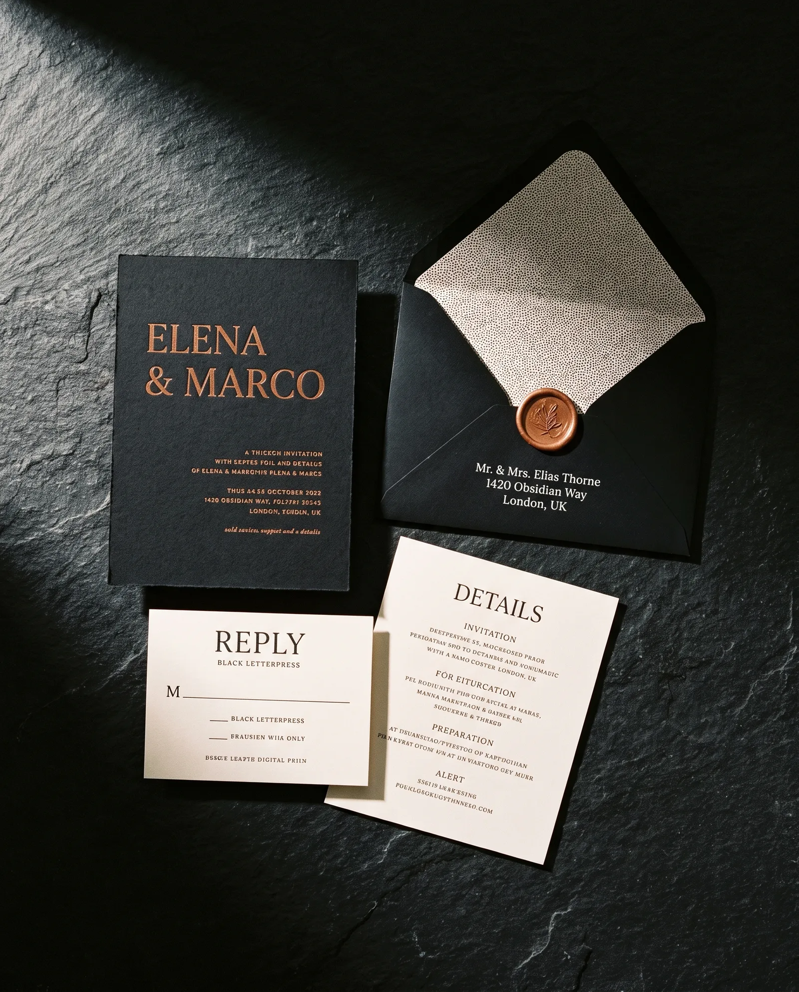 Close crop of a printed envelope liner and wax seal on a wedding suite.