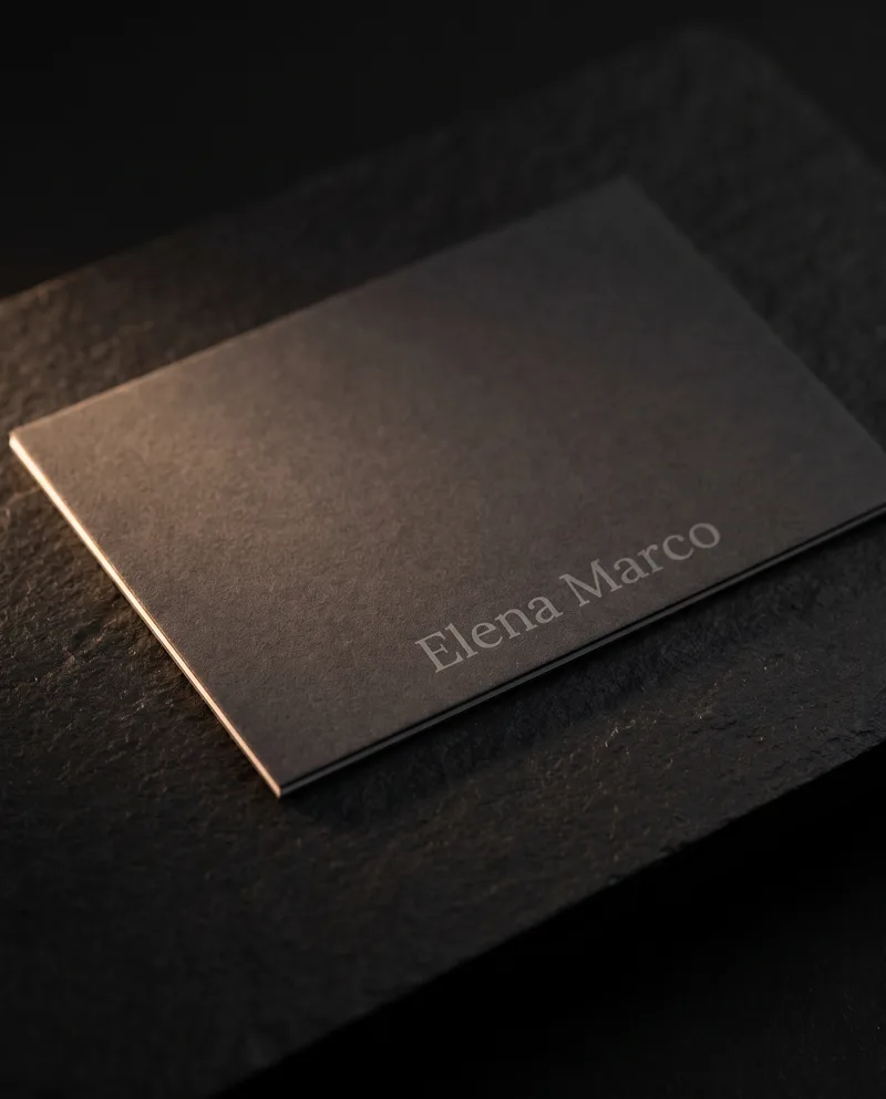 Charcoal soft-touch business card with small grey printed name, flat print, on black stone
