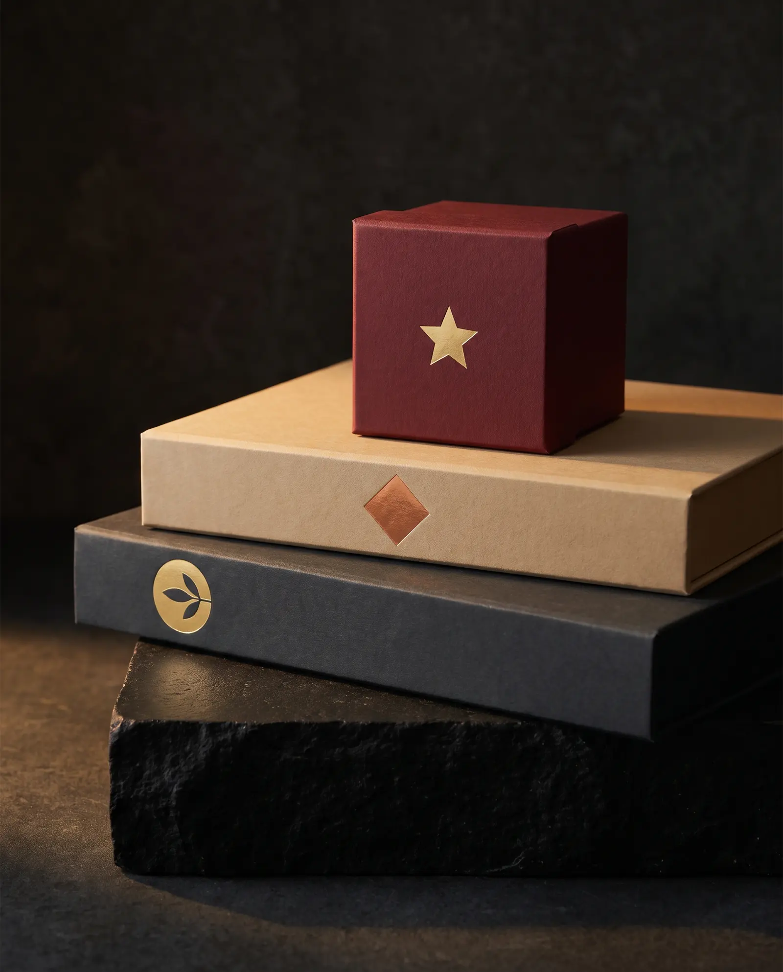 Three stacked magnetic gift boxes in charcoal, sand and oxblood wraps, one foil mark each