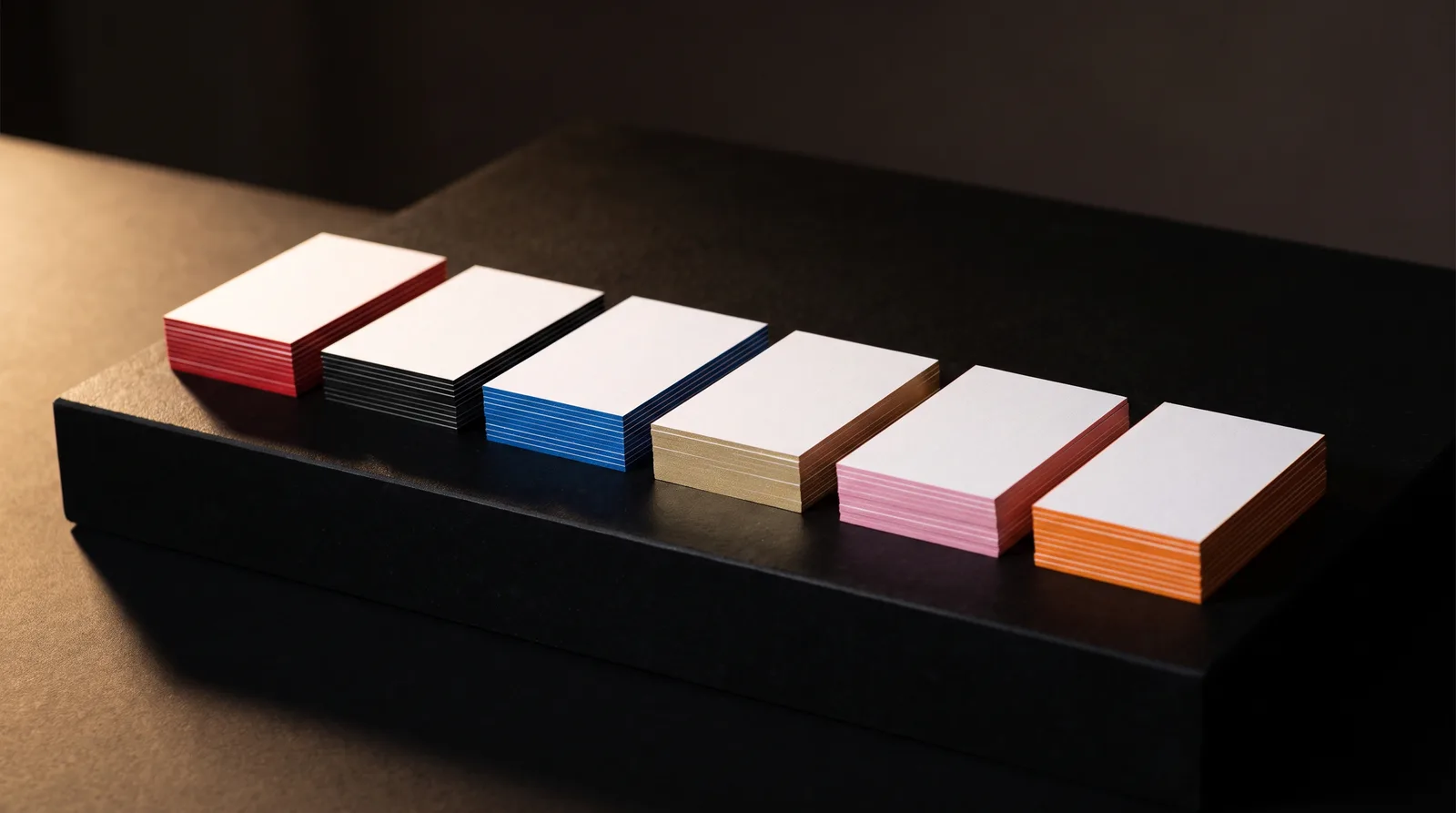 Six short stacks of business cards with red, black, blue, gold, pink and orange painted edges