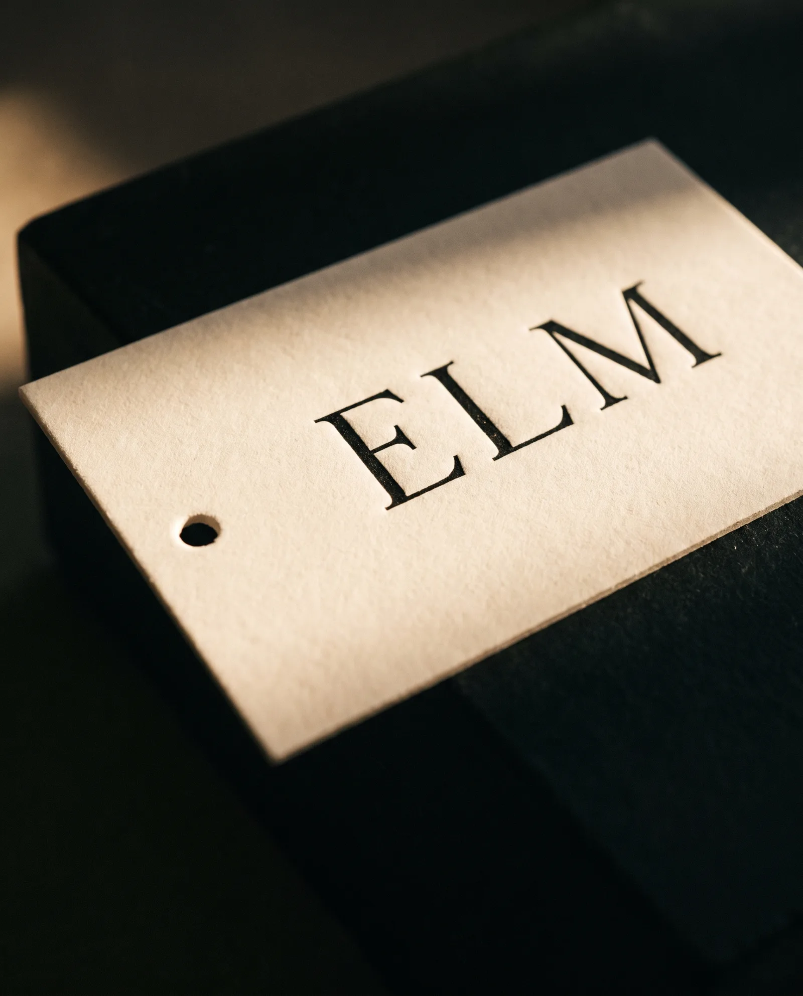 Raking light across a cream cotton tag with a letterpress wordmark pressed into the paper.