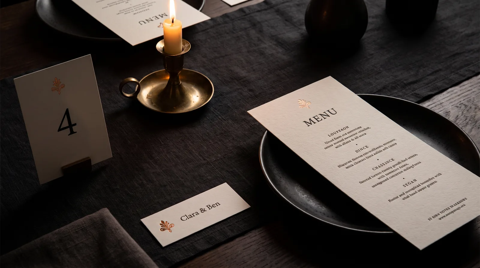 Wedding table on dark linen with a menu, a place card and a table number card beside a candle.