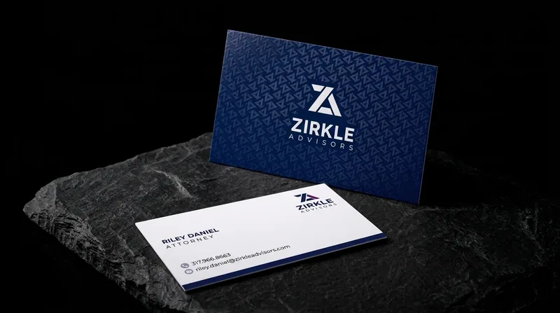 Navy business card with a repeating monogram pattern in clear gloss, visible at an angle