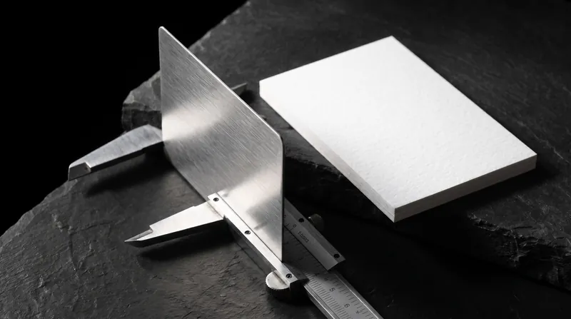 A brushed stainless card held in vernier calipers next to a thick white cotton business card