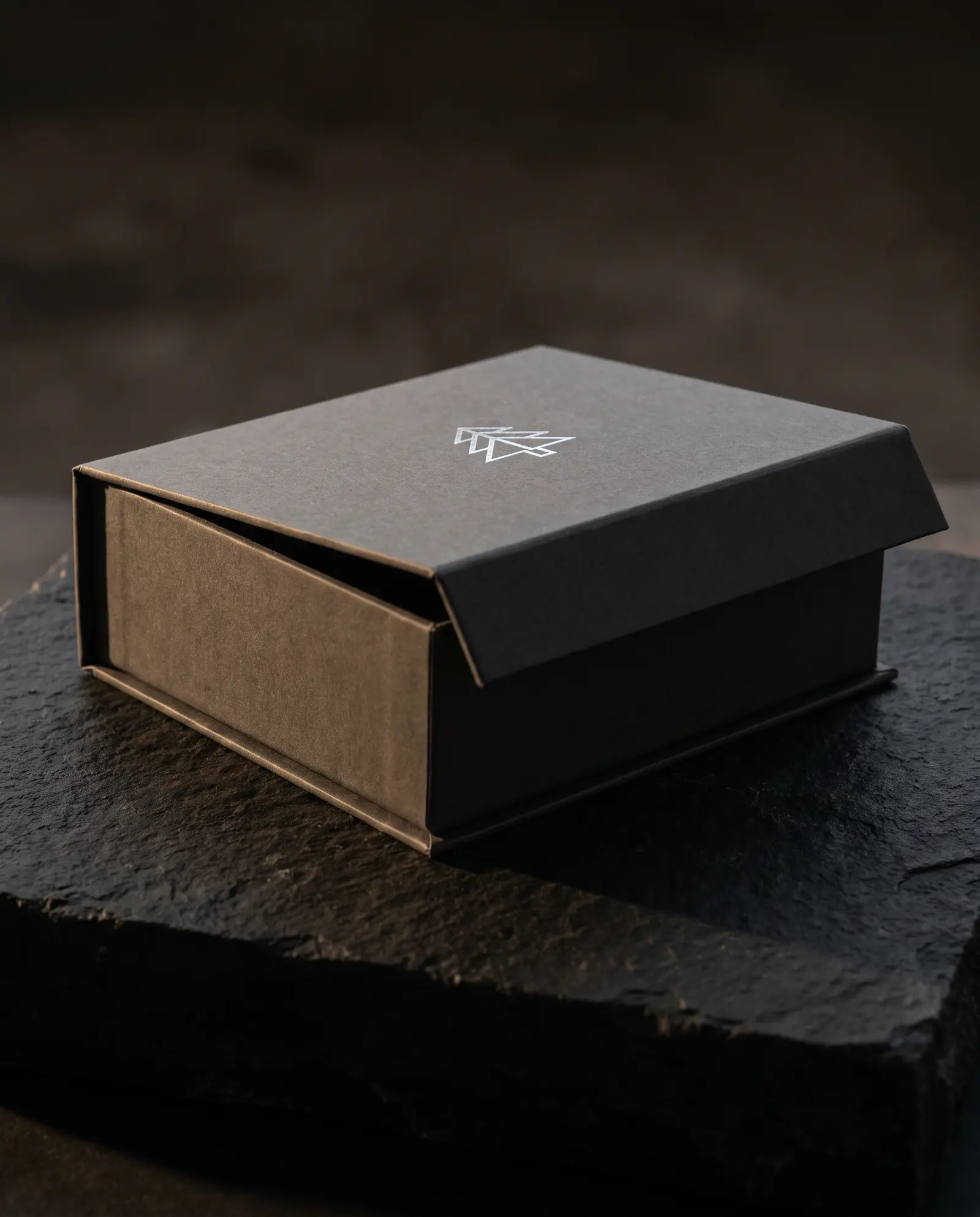 Charcoal magnetic box with flap a finger-width from closing, no clasp, silver foil emblem, raking light