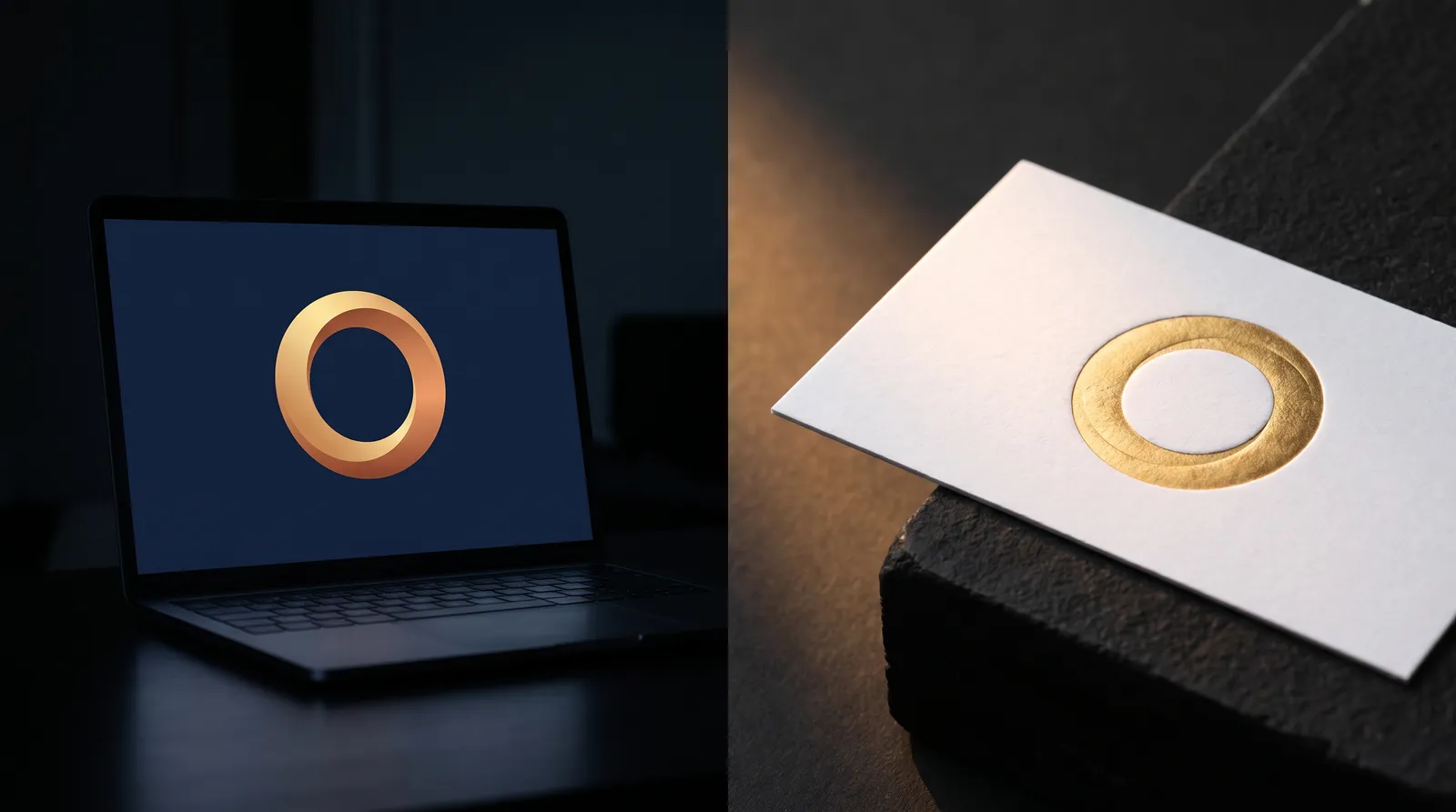 Left, a logo with a gold gradient on screen; right, the same logo stamped in a single flat tone of gold foil