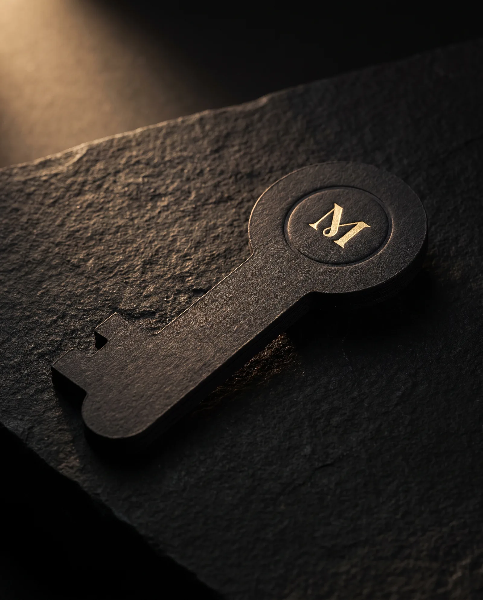 Key-shaped custom die cut business card on 32pt black cotton with matte gold foil