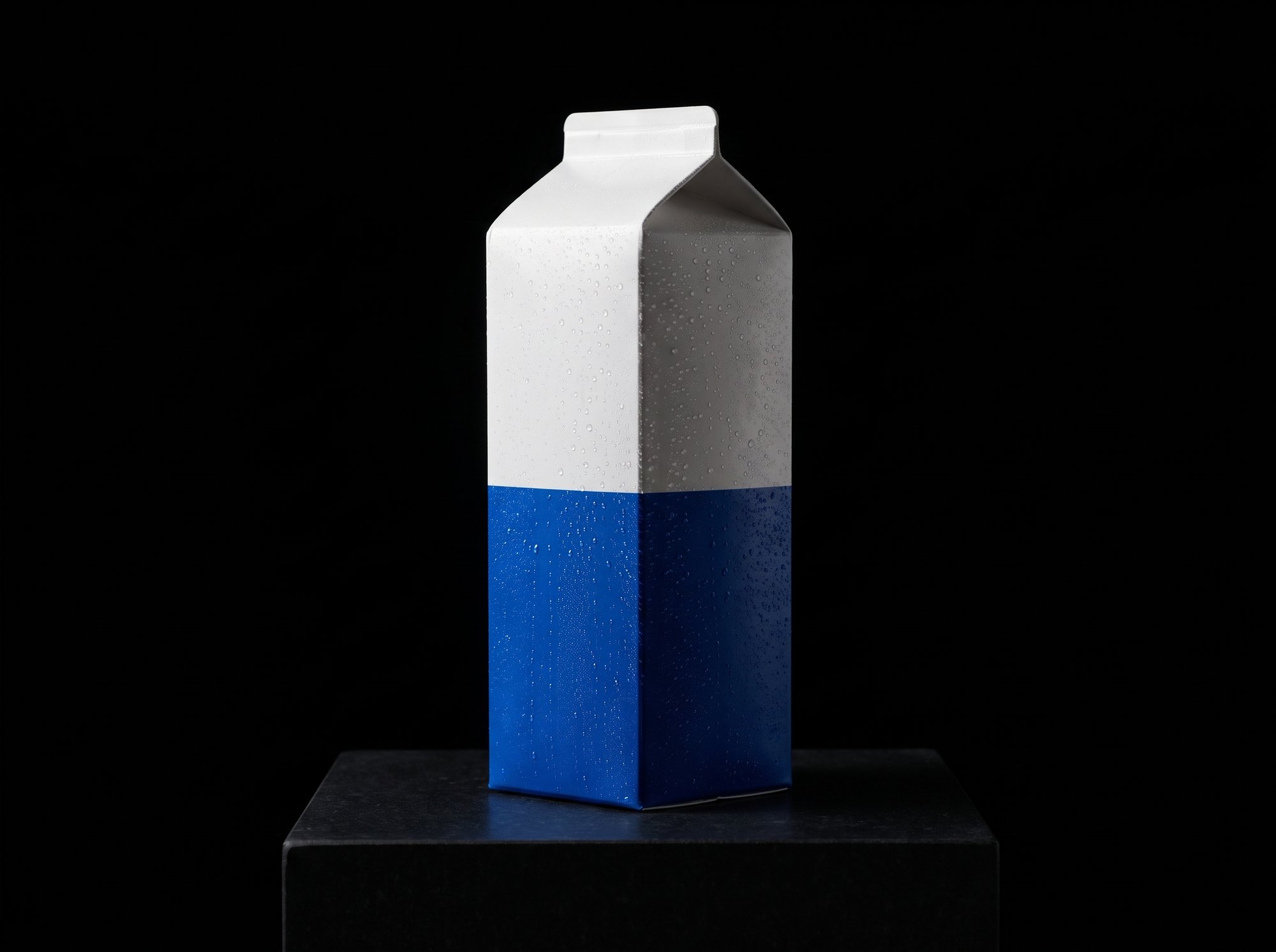 A white gable-top milk carton with a cobalt-blue lower half and cold condensation on its surface.