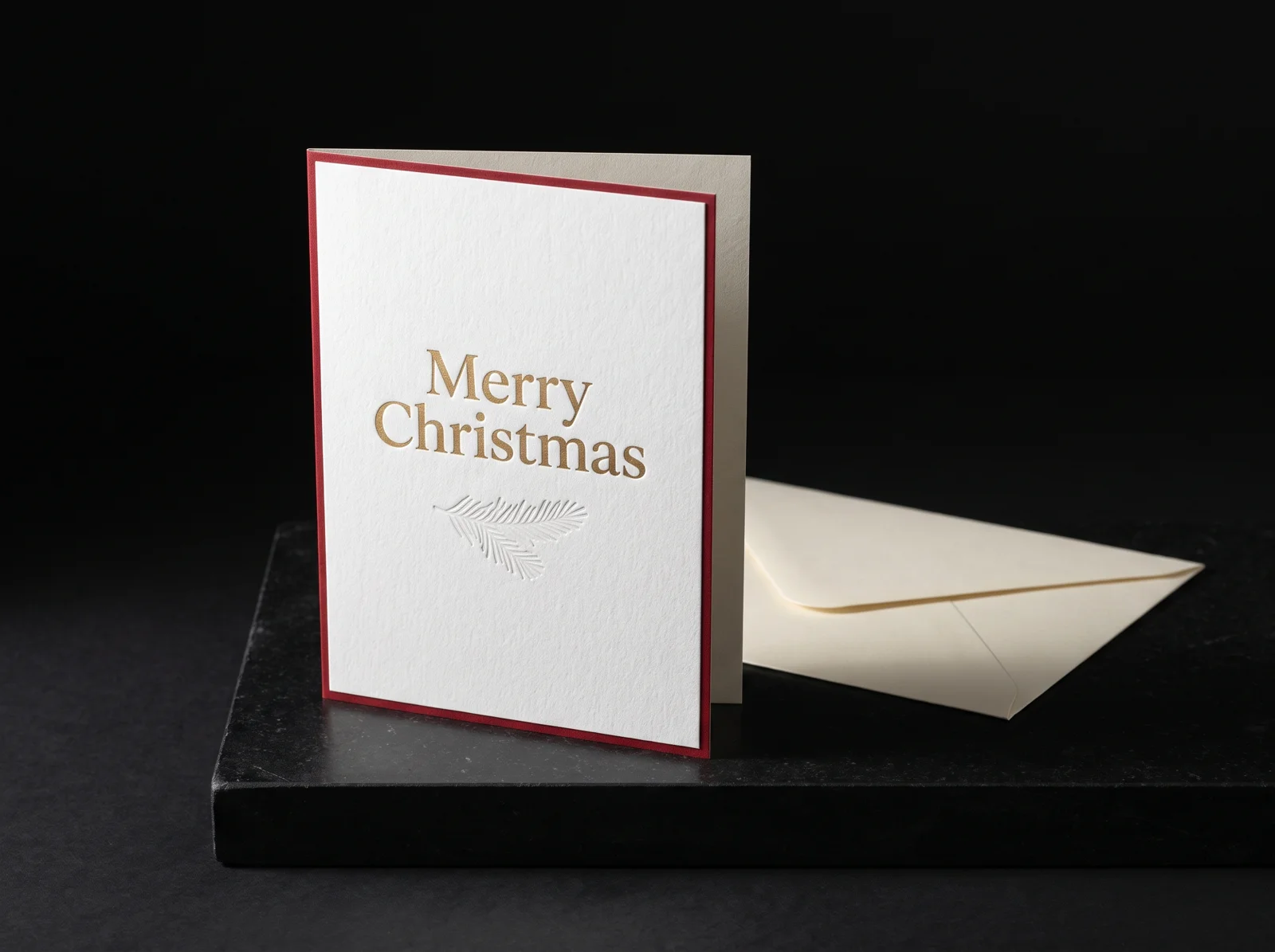 Custom Christmas card on thick white cotton with "Merry Christmas" in gold foil and a blind-debossed evergreen sprig, with a cream envelope