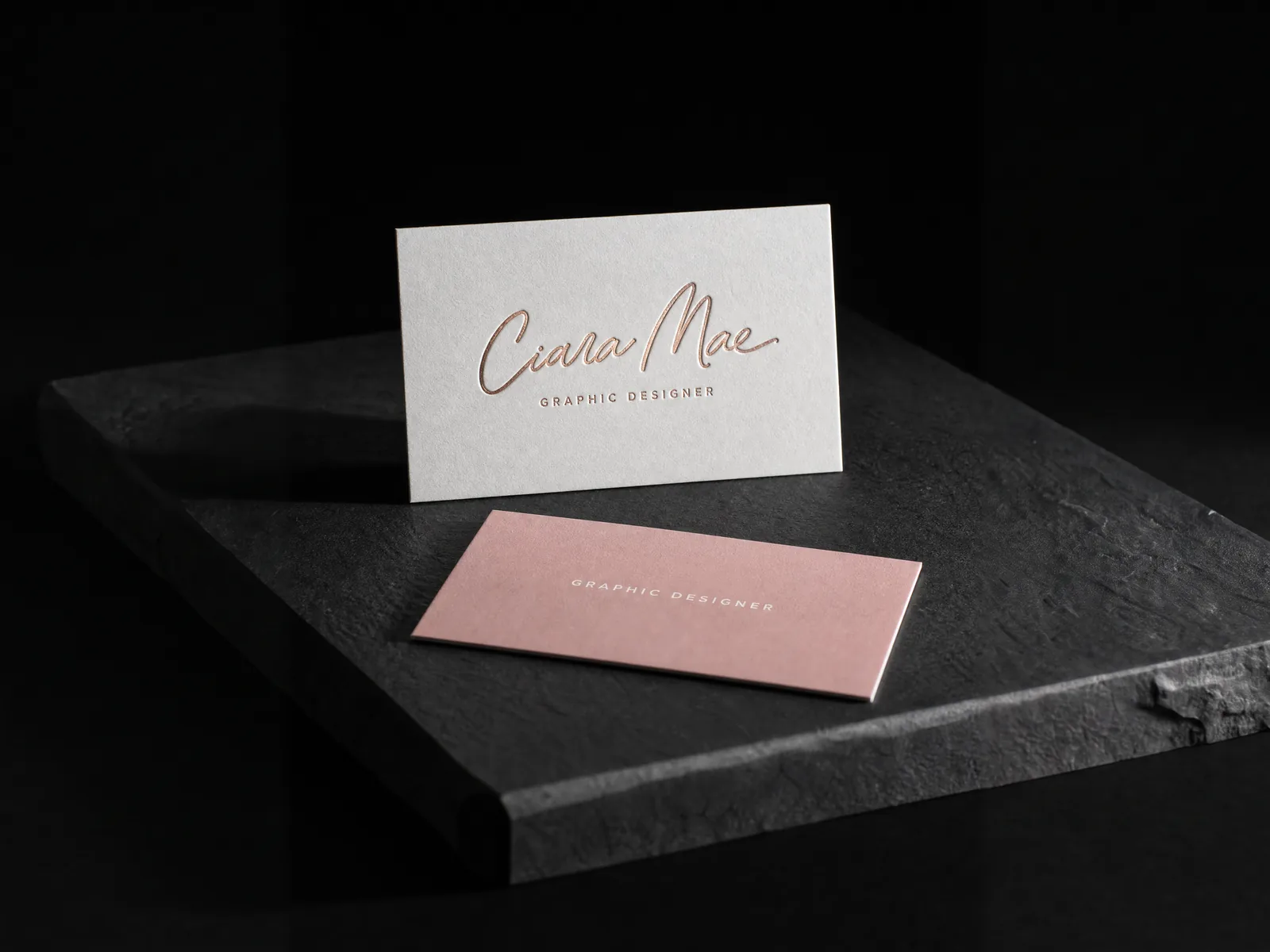 Ciara Mae business card: rose gold foil and deboss on 32pt cotton