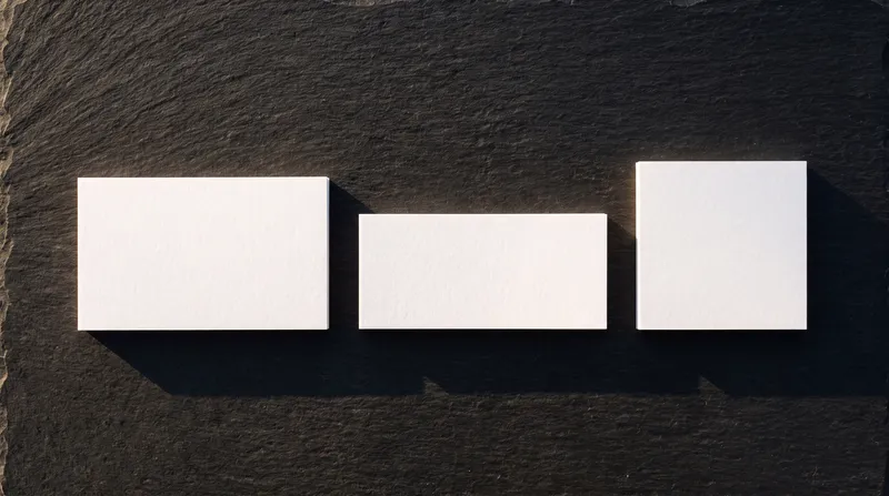 Little business cards to scale: a 3.5 × 1.5 inch mini card beside a standard 3.5 × 2 inch card and a 2.5 inch square card