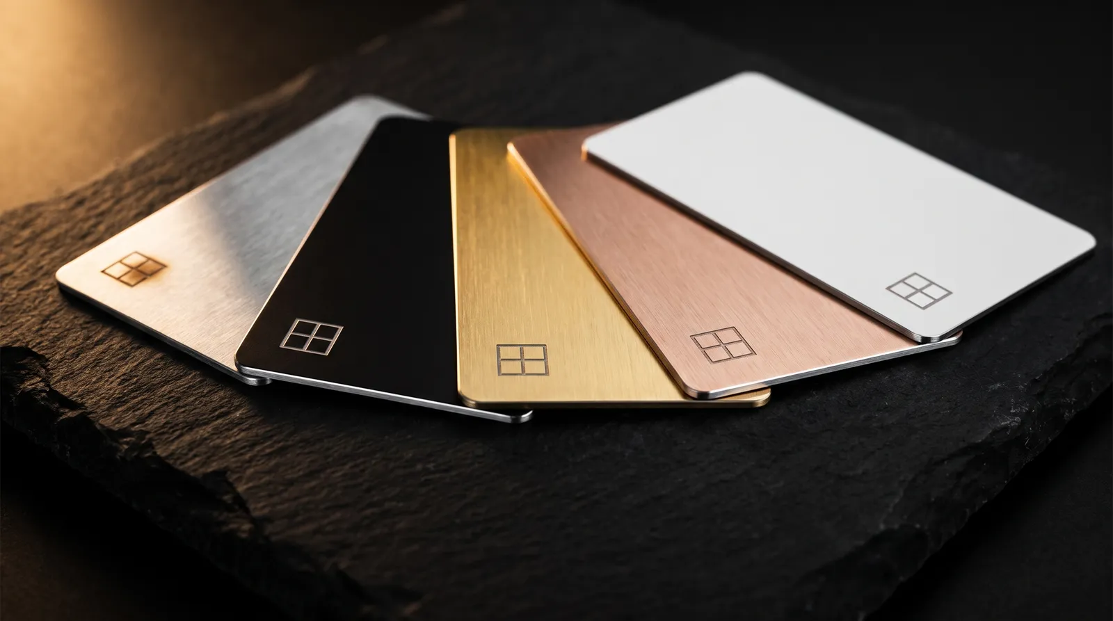 Silver, black, gold, rose gold and white stainless steel business cards fanned on slate