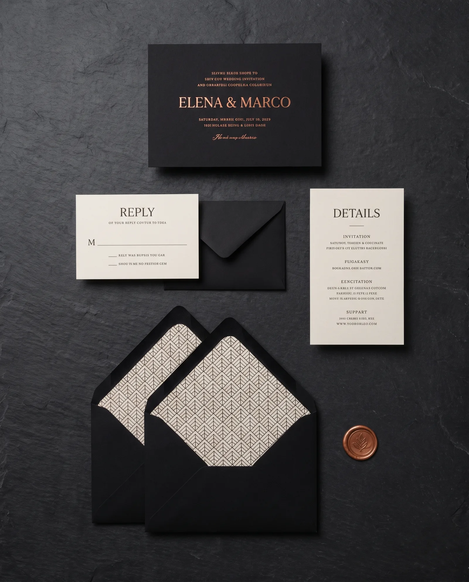 Wedding suite laid out on slate: invitation, reply card and envelope, details card, outer envelope with liner, and wax seal.