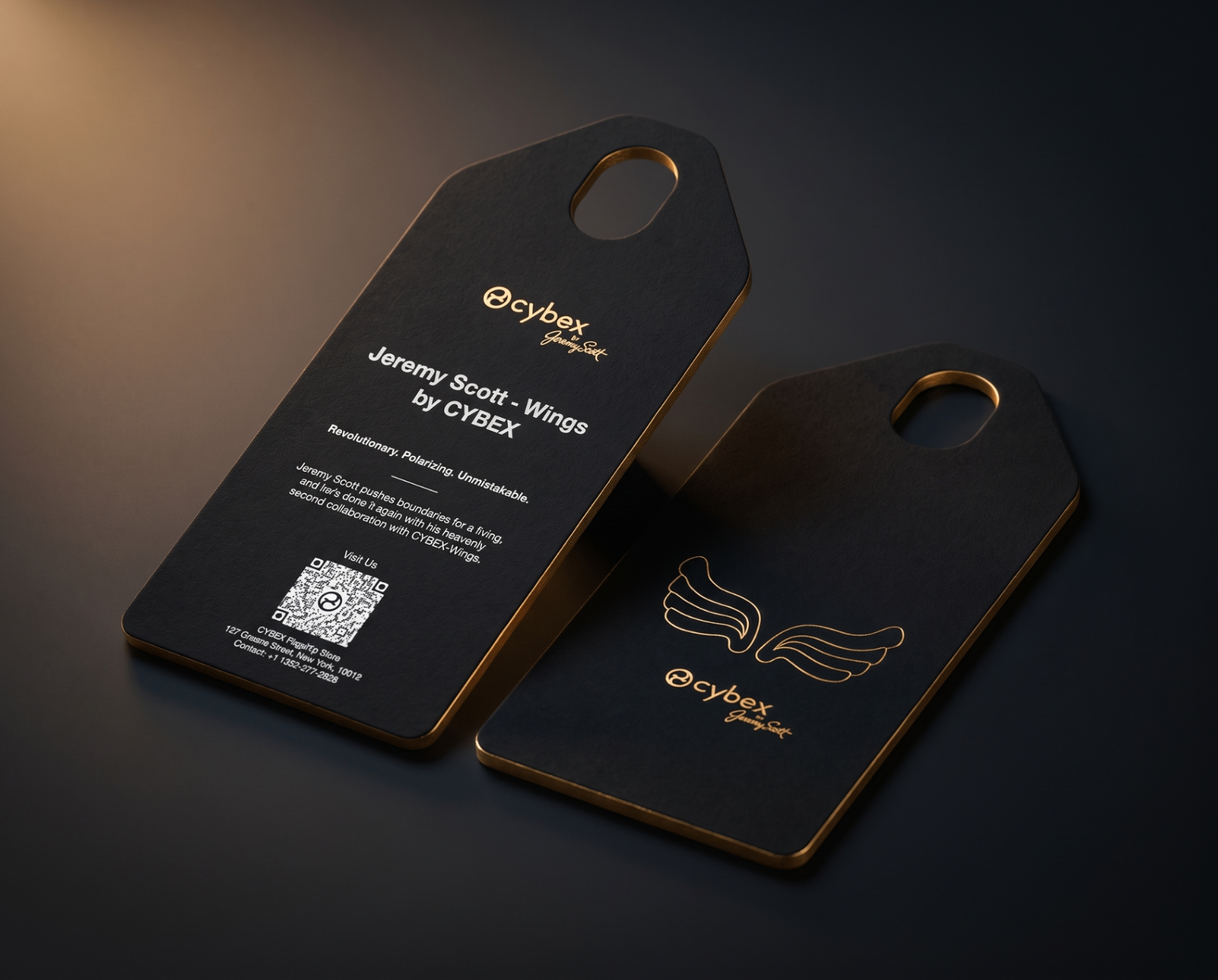 Custom black hang tags with gold foil CYBEX and Jeremy Scott branding, one showing wing details and the other product copy — luxury apparel tags by Print Peppermint.