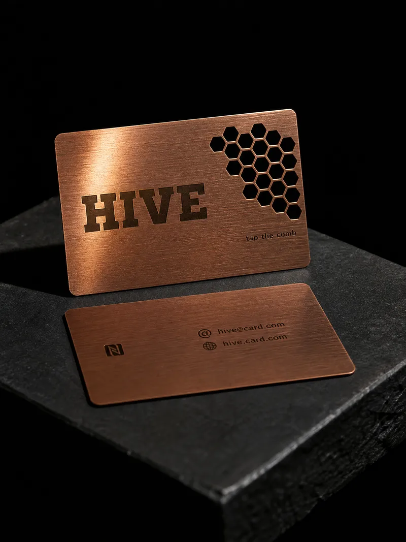 Copper NFC business card with a honeycomb pattern cut through over a plastic layer