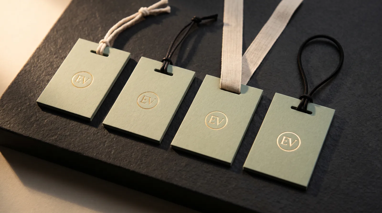 Four cotton tags on dark stone, one on natural cotton string, one on waxed cord, one on a ribbon through a die-cut slot and one on an elastic loop.
