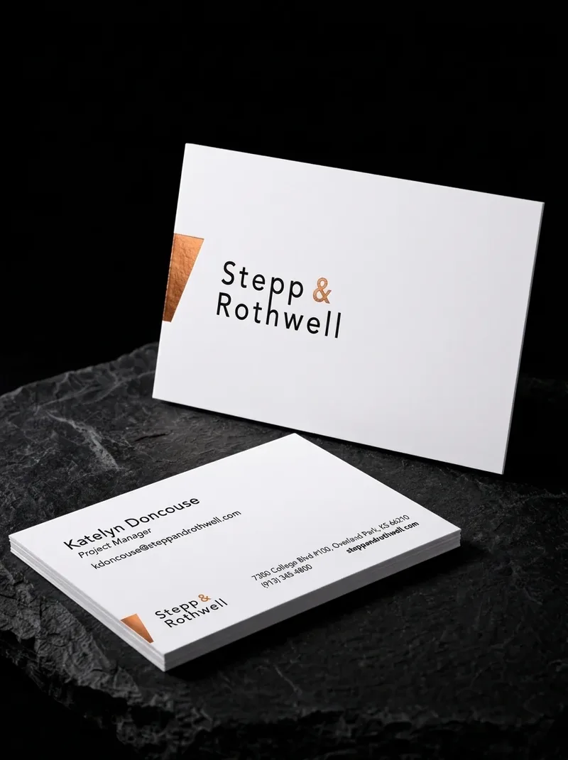 White business card with black type and a copper foil tab bleeding off the left edge