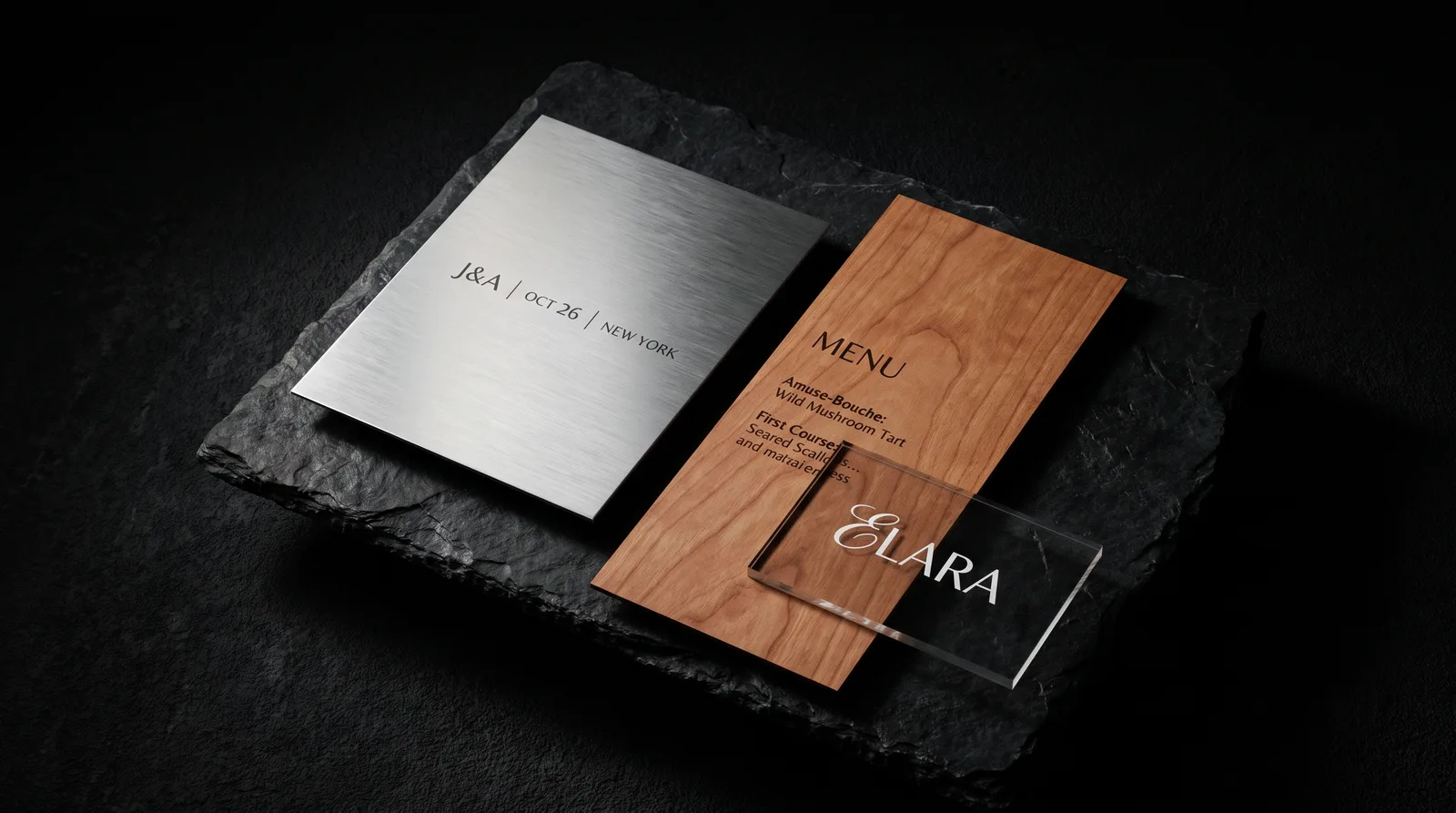 Brushed steel card, cherry wood menu and clear acrylic place card on black stone.