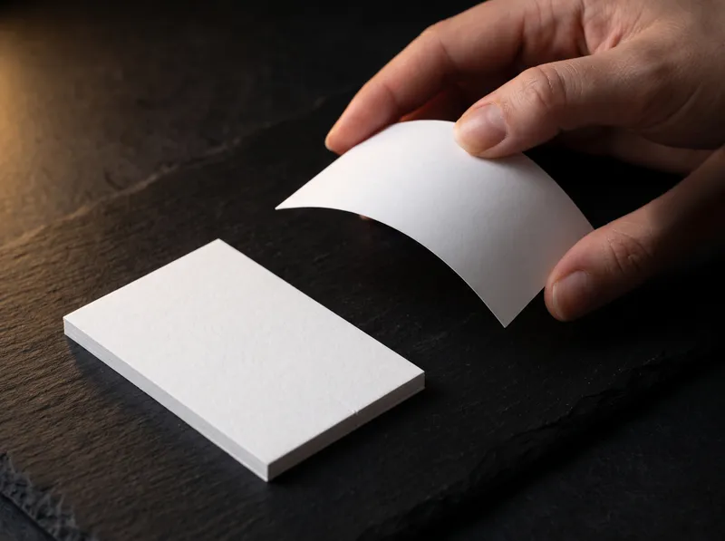 A hand flexing a thin 14 point business card into a curve beside a 32 point card that stays flat