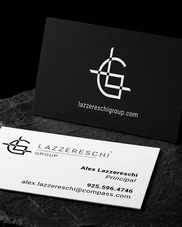 Lazzereschi Group business cards: black face with a white crosshair monogram over a white reverse