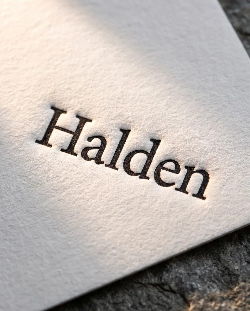 Macro of black letterpress serif type pressed into soft white cotton paper, warm raking light