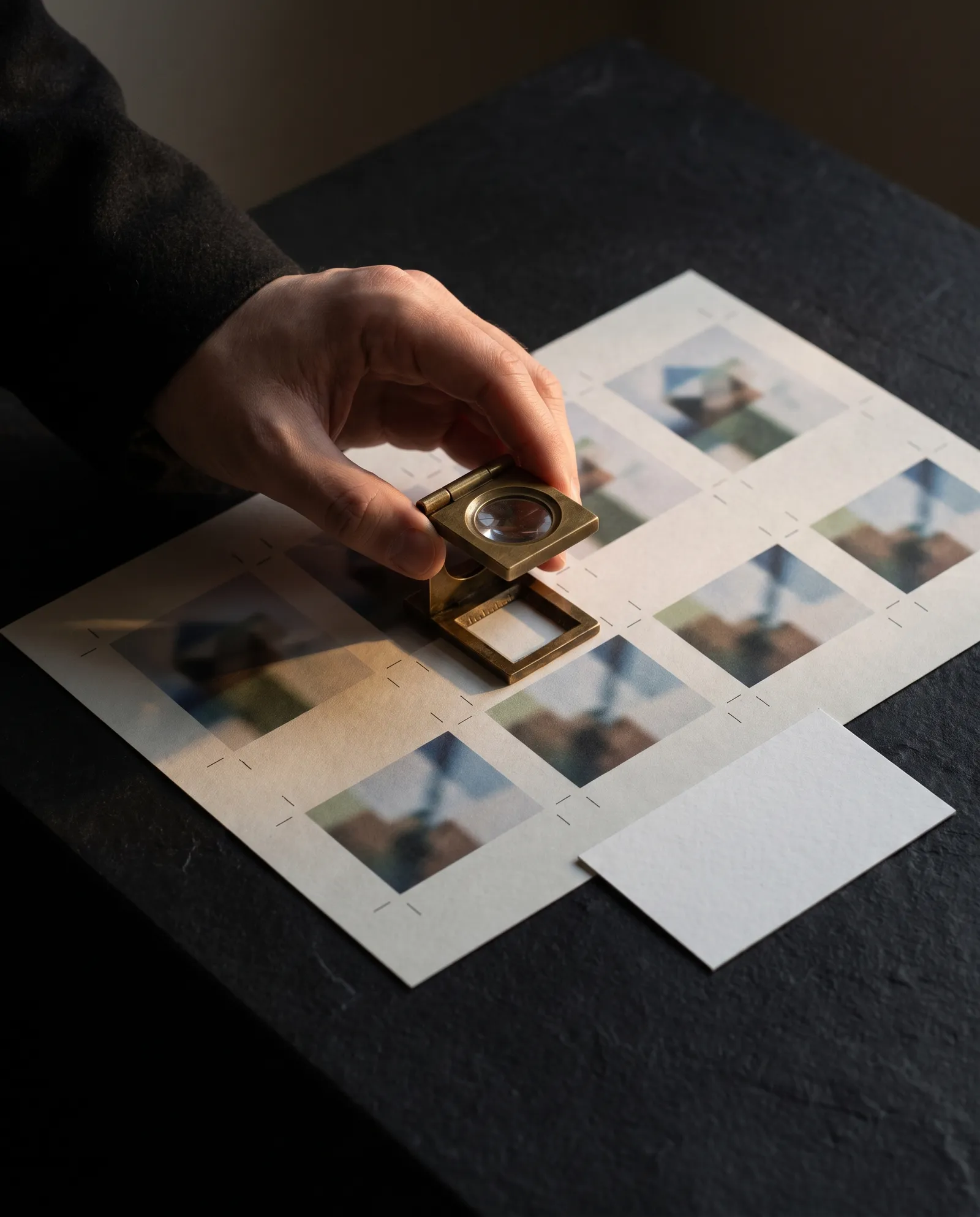Hands holding a loupe over a printed business card proof sheet