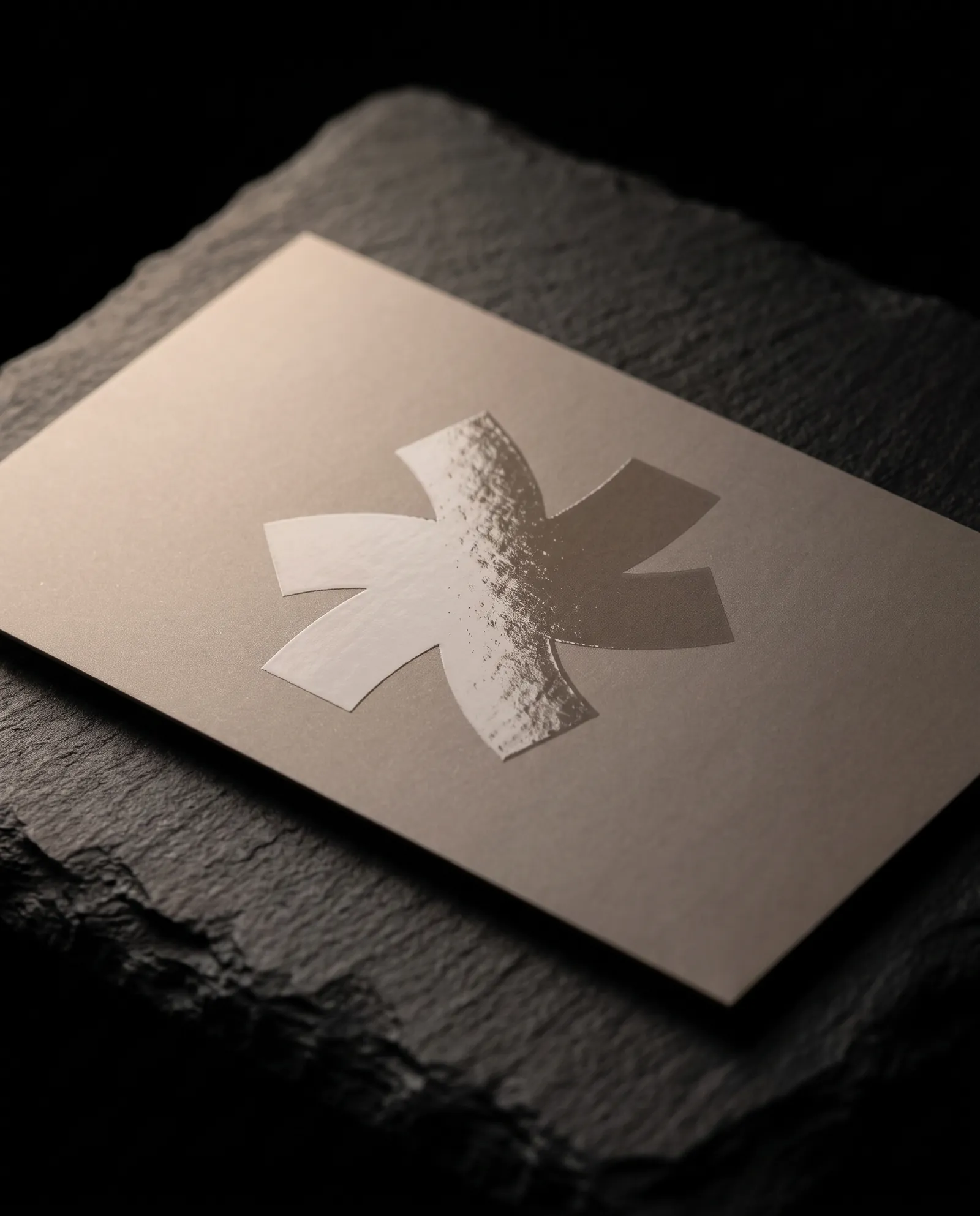 Warm grey silk business card with a large Print Peppermint mark in flat clear spot UV, visible only where the light catches the gloss, on black slate