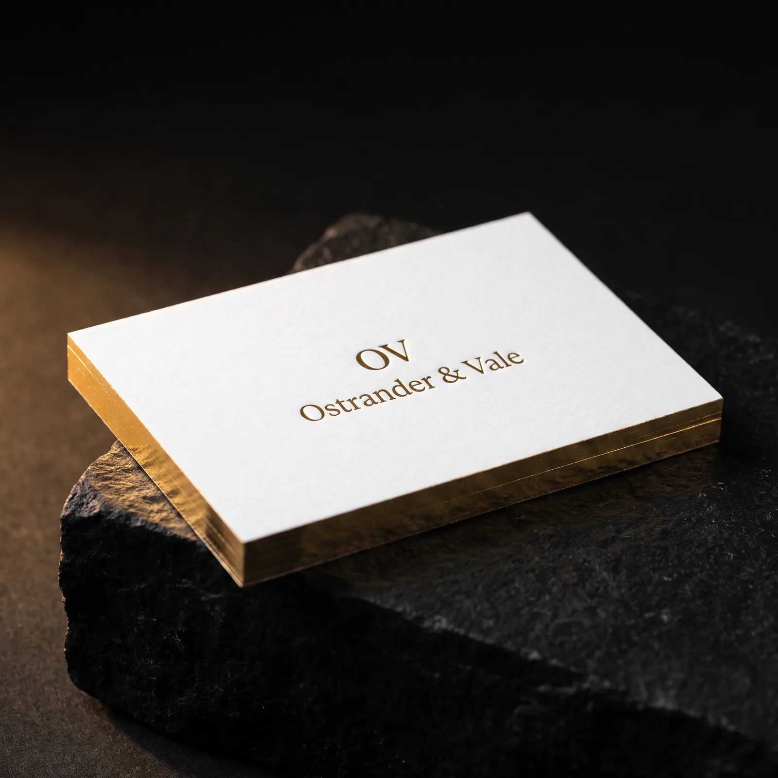 48pt smooth white business card with gold foil monogram and gold gilded square edges