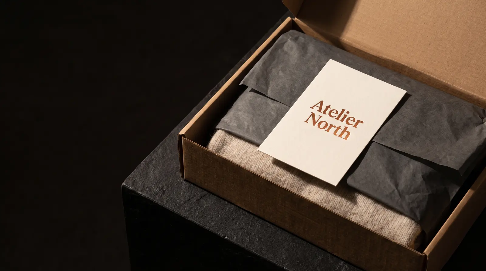 Open kraft mailer box on dark stone, a cream cotton insert card with a copper foil wordmark resting on charcoal tissue.