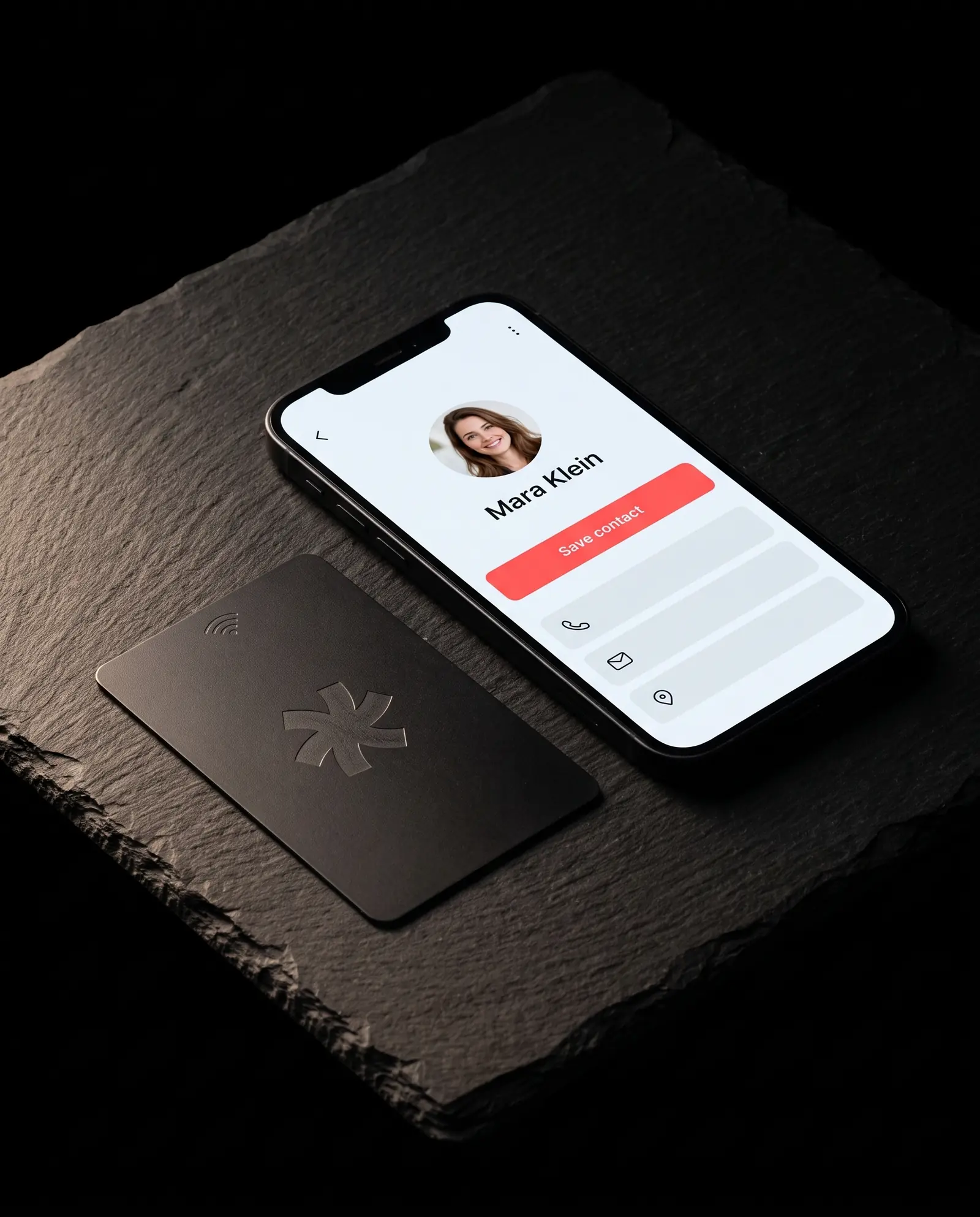 Matte black NFC metal business card beside a phone showing the contact page it opens, on black slate