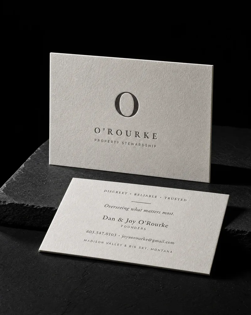 One-colour letterpress business card in warm black on duplexed cotton