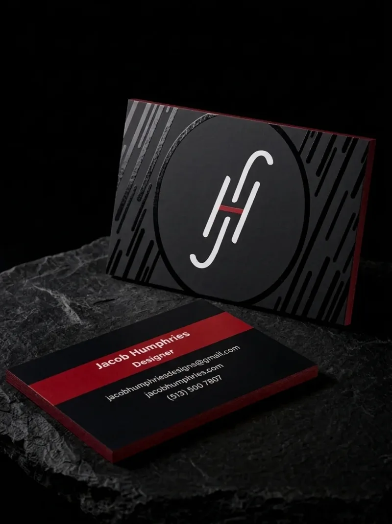 Digital artist business card with diagonal gloss stripes on matte black and a red painted edge