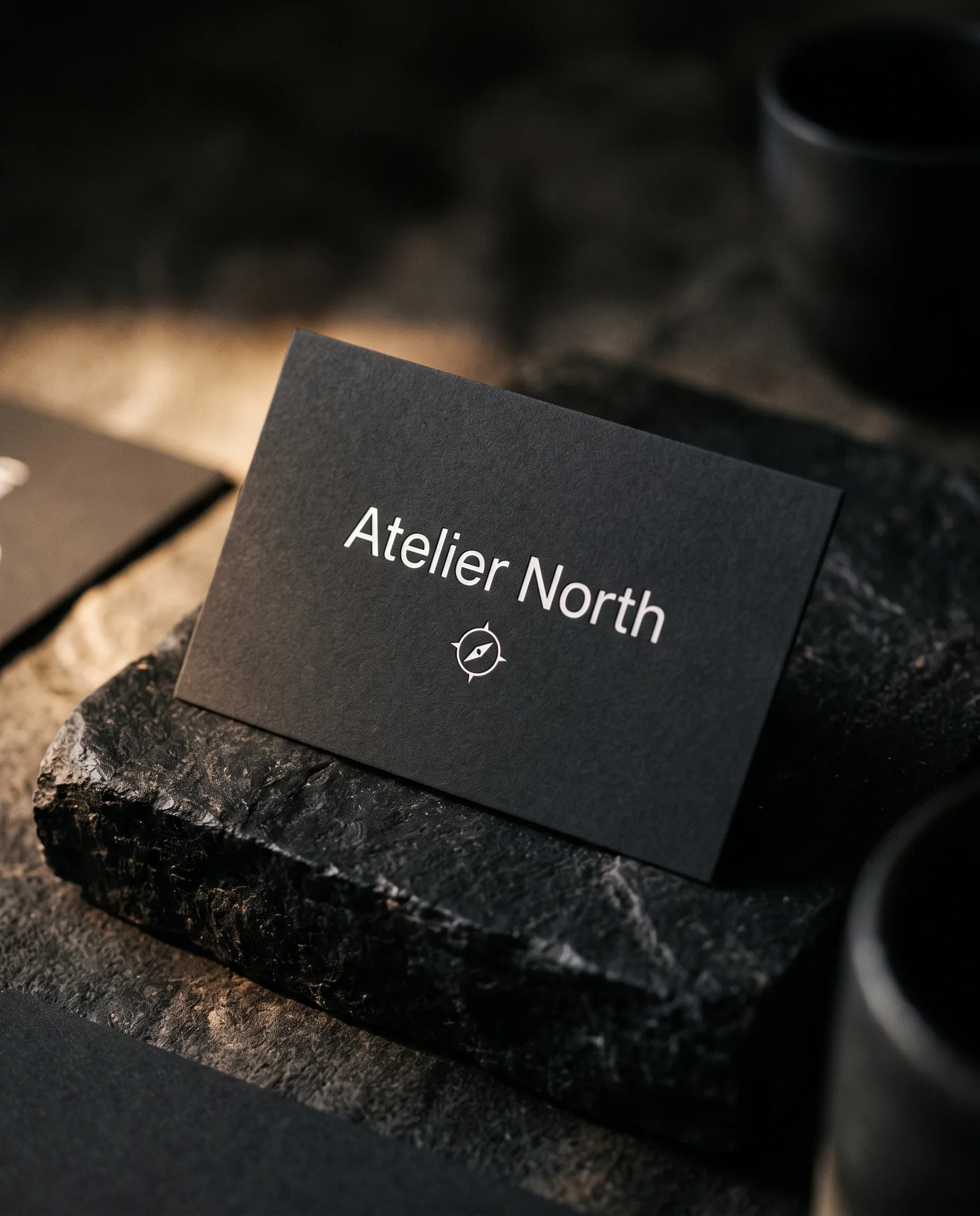 Concept rendering of a charcoal soft-touch business card with white knockout wordmark on dark stone