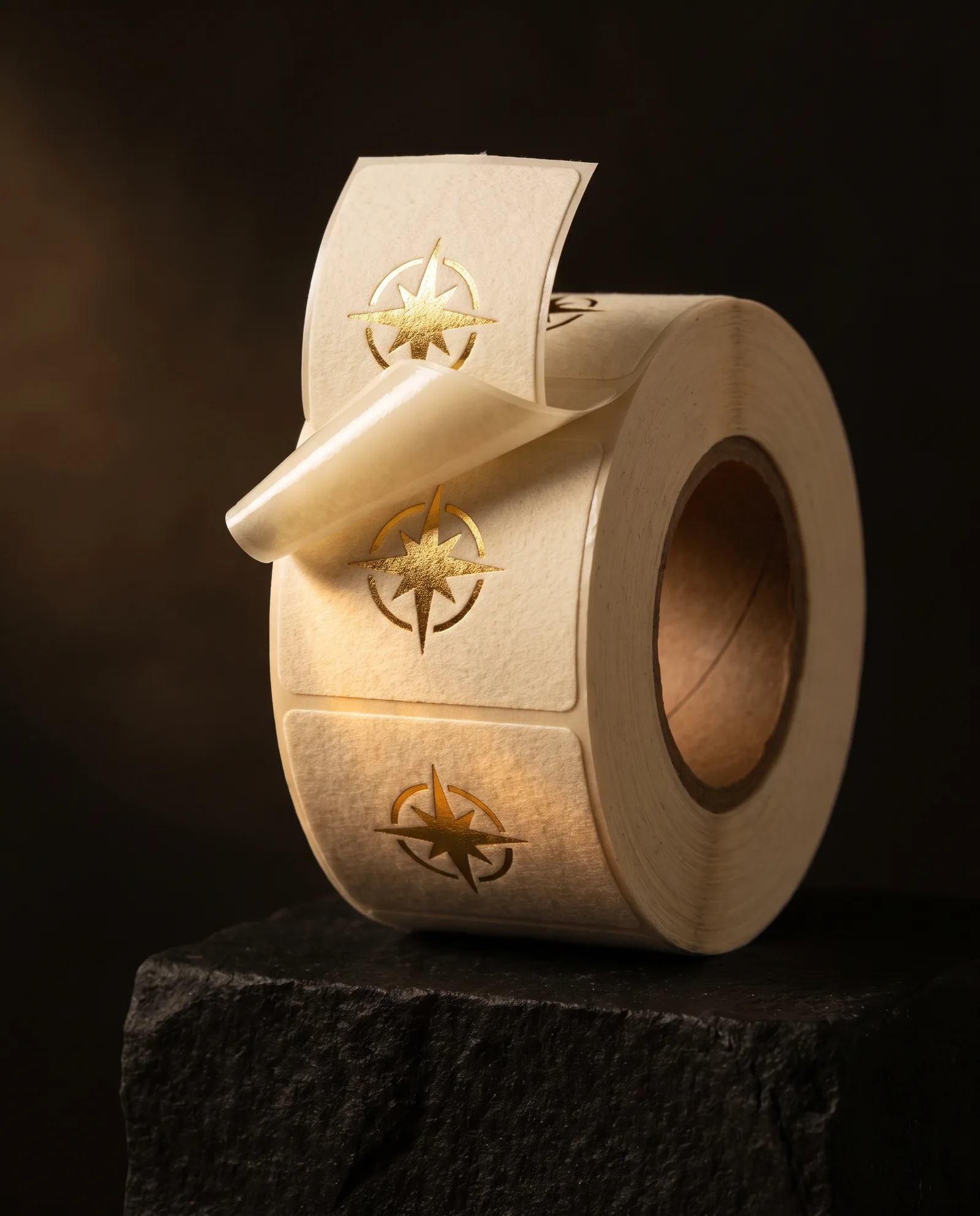 Roll of cream foil labels on a cardboard core, the first label peeled and lifted, wind direction visible.