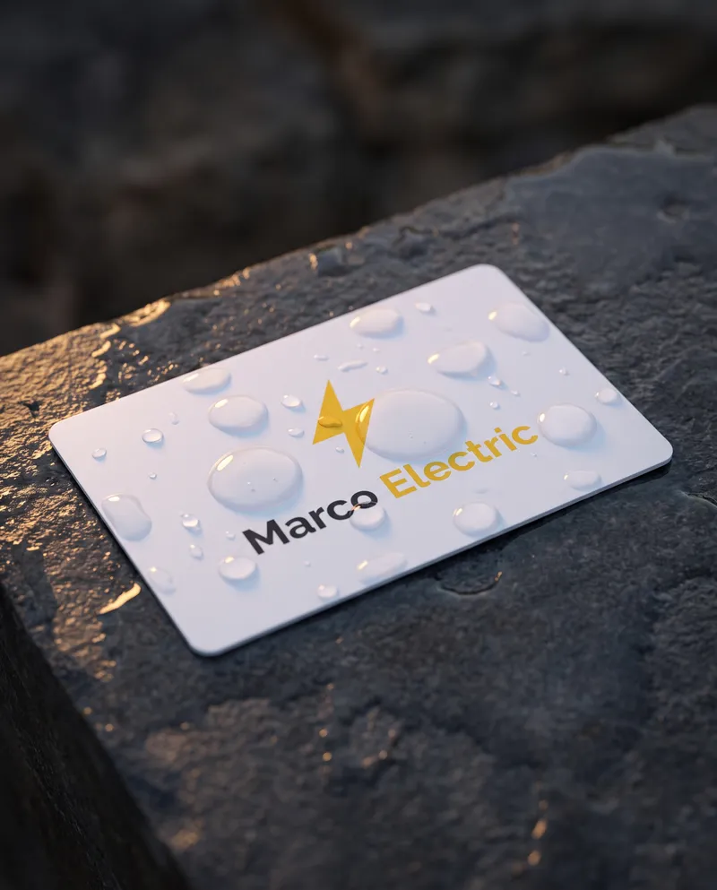 White plastic business card with a yellow lightning bolt and water droplets on wet black stone