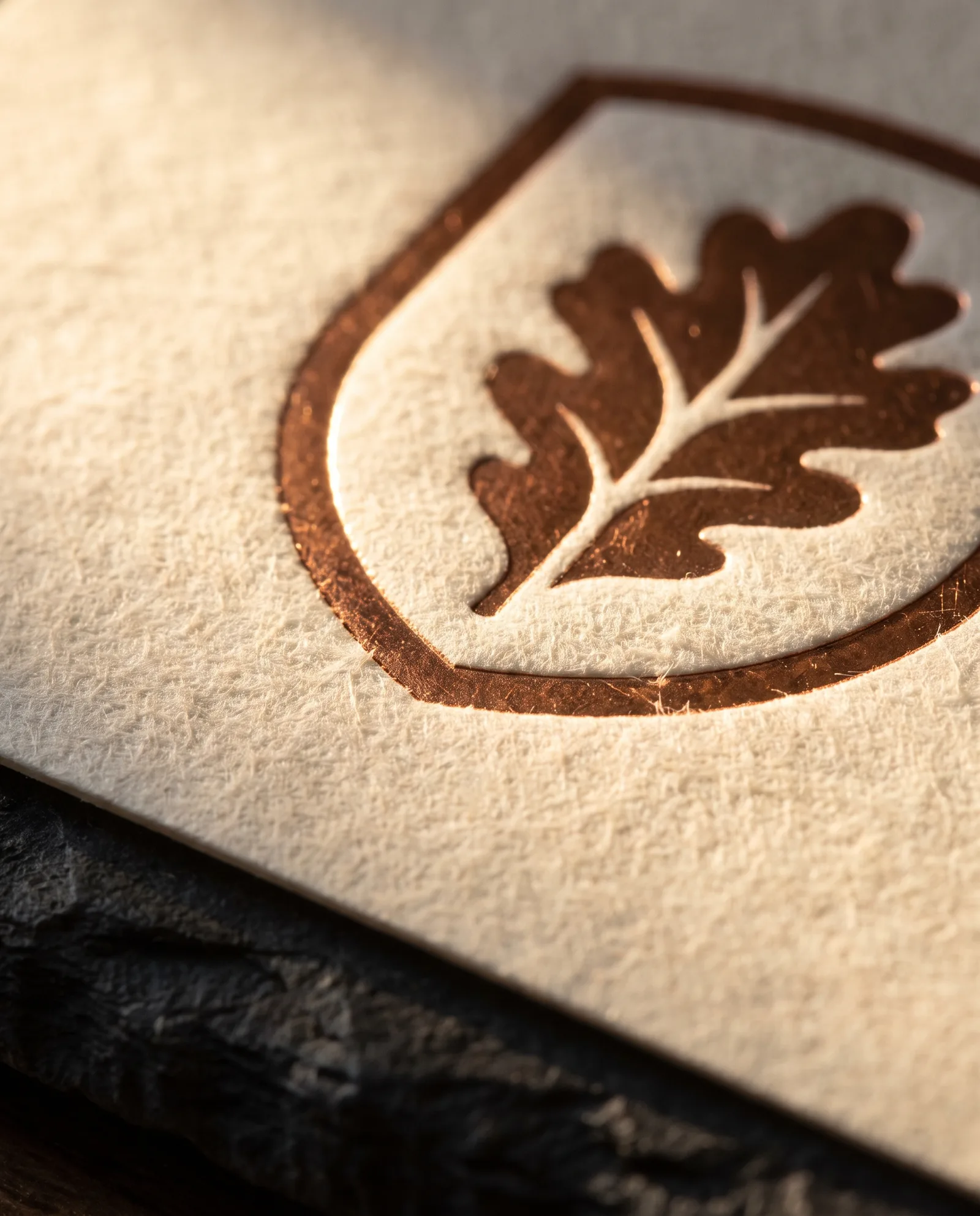 Extreme close-up of a copper foil crest stamped on felt-textured cream label paper, the felt pattern visible right up to the foil's edge.