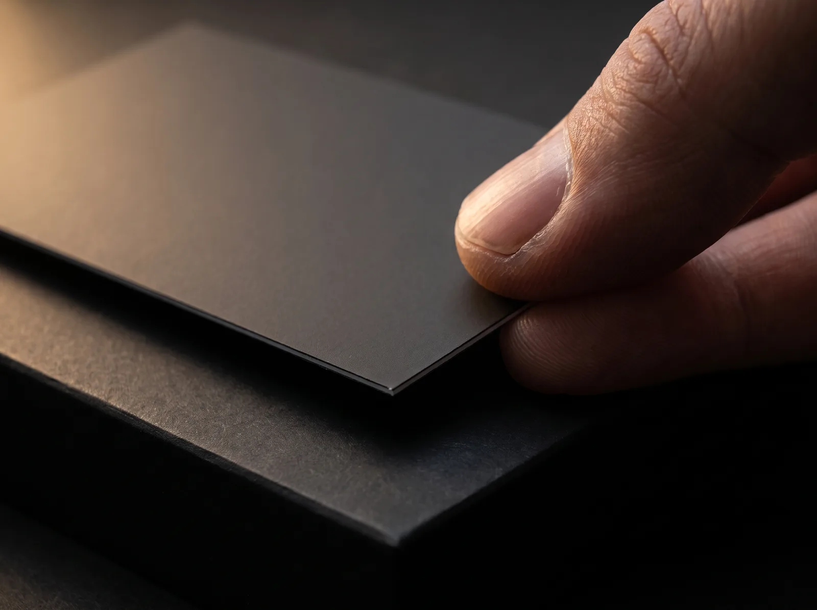 Macro of a thumb on a charcoal soft touch card, smooth matte laminate, warm raking light