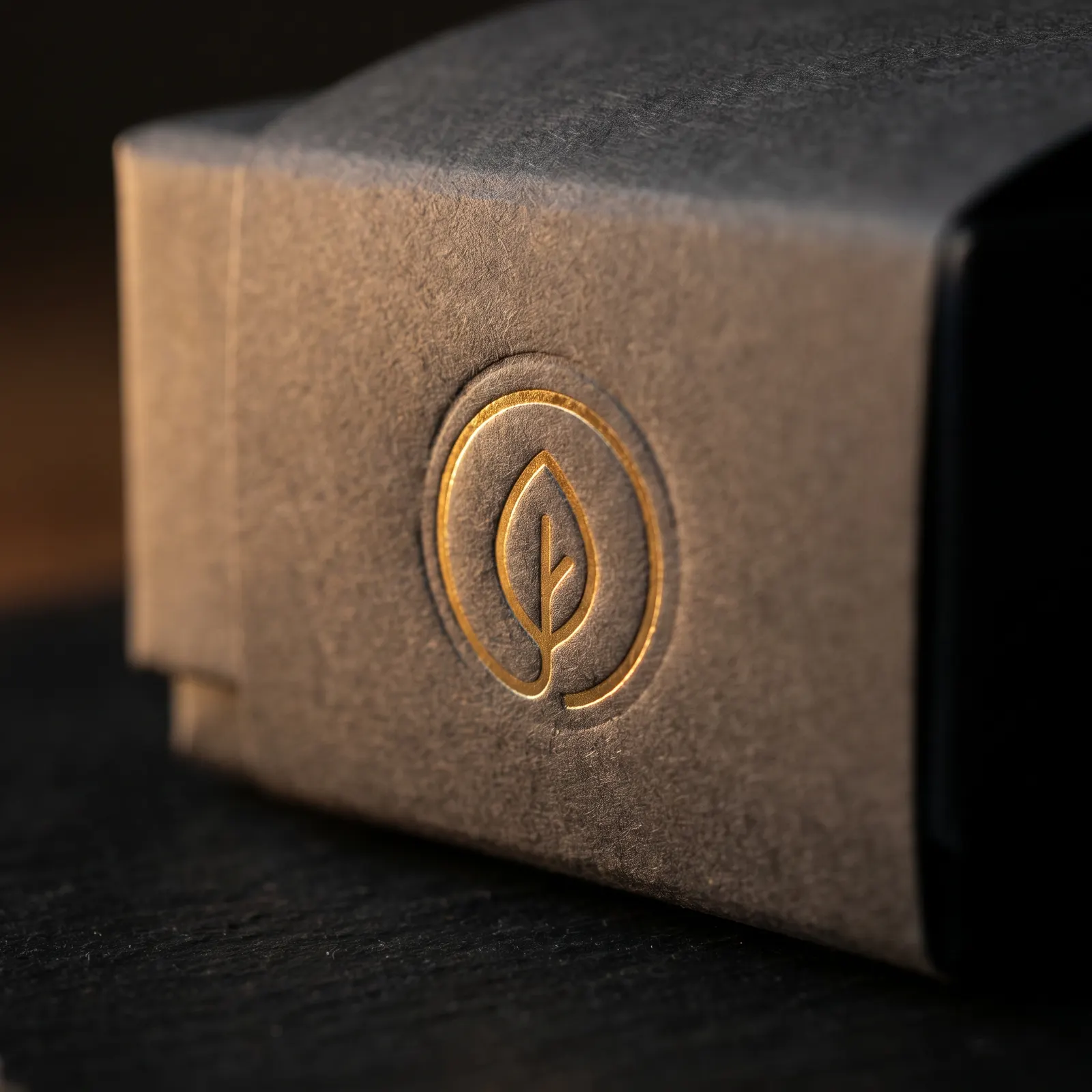 Macro of gold hot foil emblem pressed into charcoal uncoated rigid box wrap, paper fibres visible