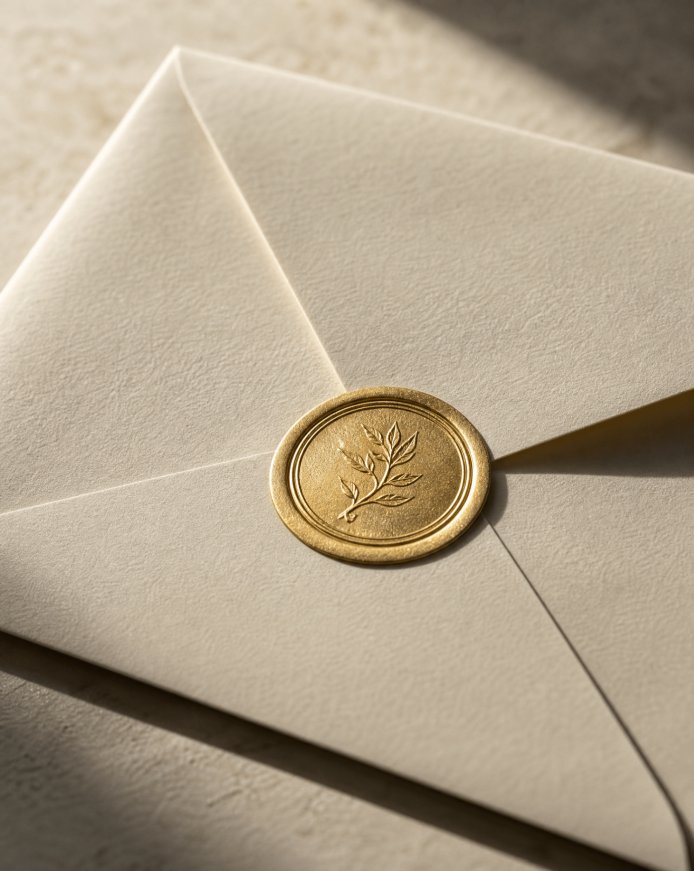Foil Seals Gold foil monogram seals stamped on a sheet, one applied to a cotton envelope flap.