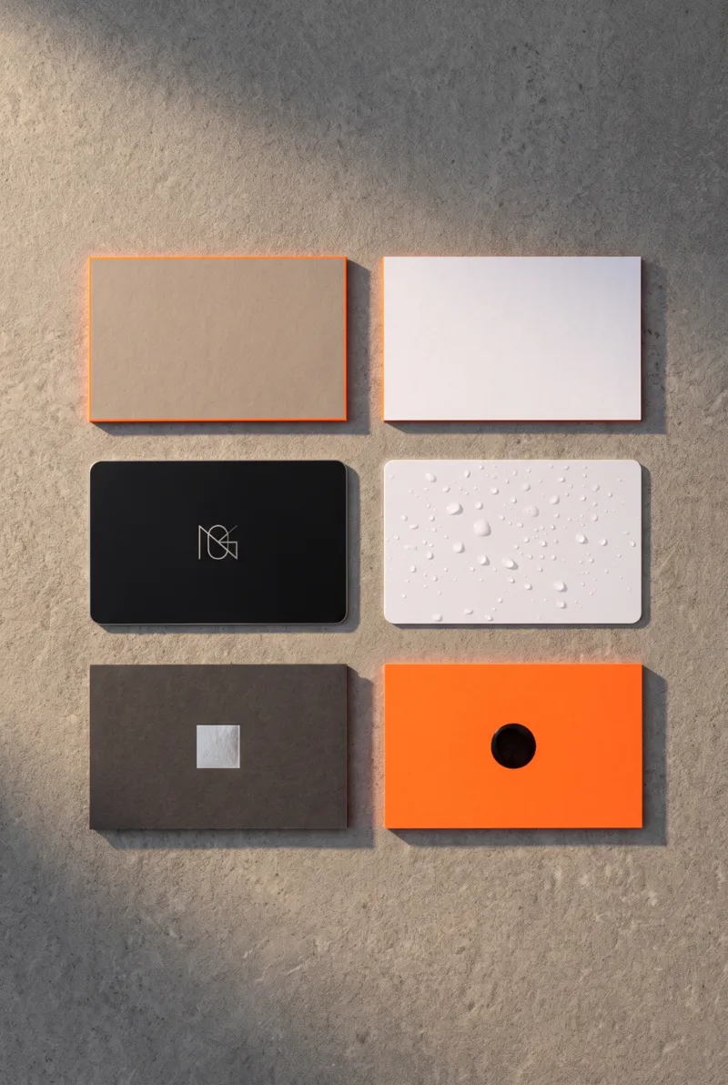 Overhead flat lay of six contractor business cards: painted edge, orange core, black steel, waterproof plastic, silver foil and fluorescent orange
