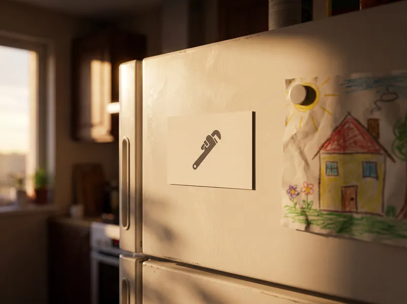 Flat magnetic business card with a plumber's wrench icon on a white fridge in warm evening light